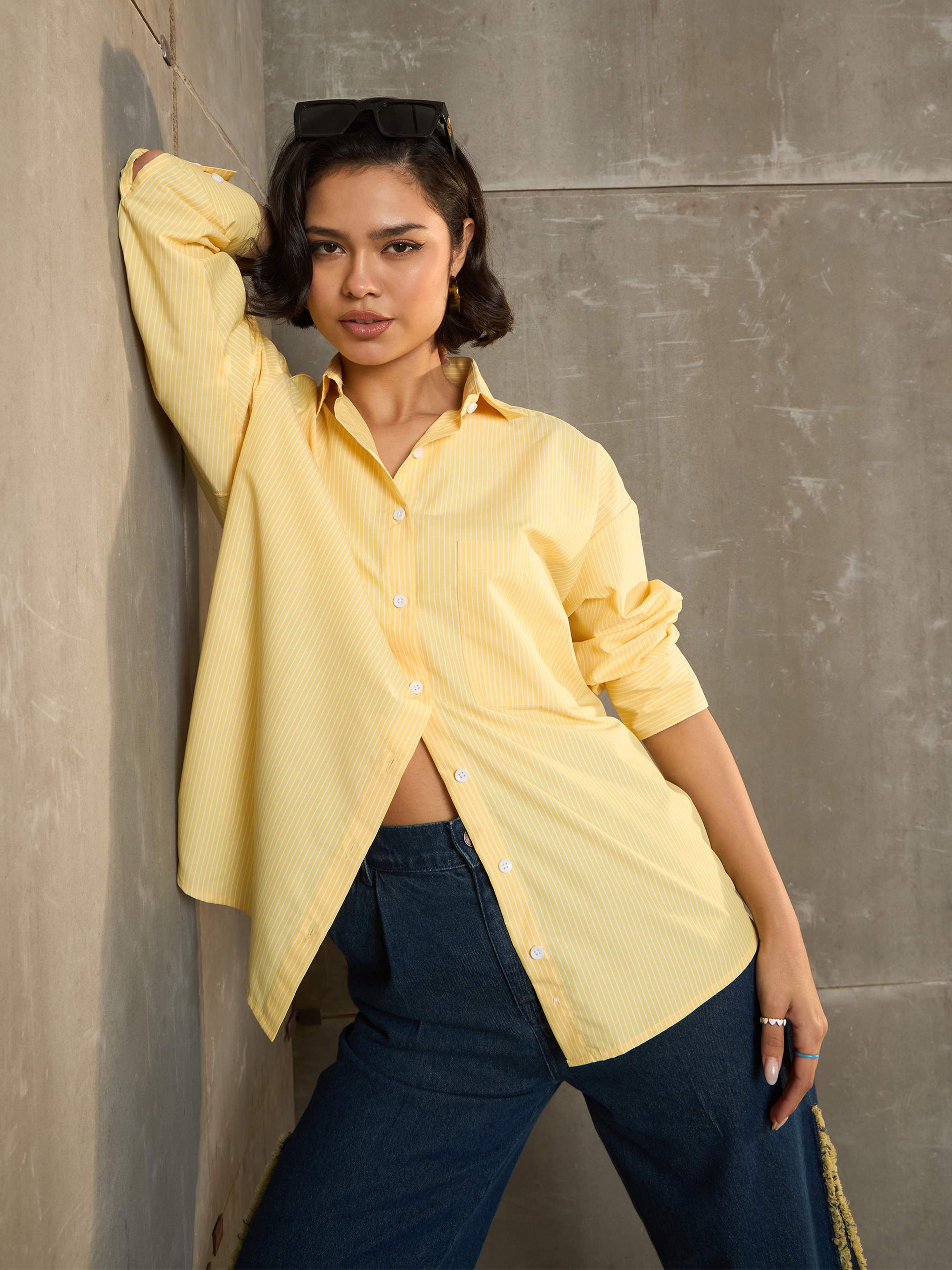 Women's Yellow & White Striped Oversized Shirt-SASSAFRAS