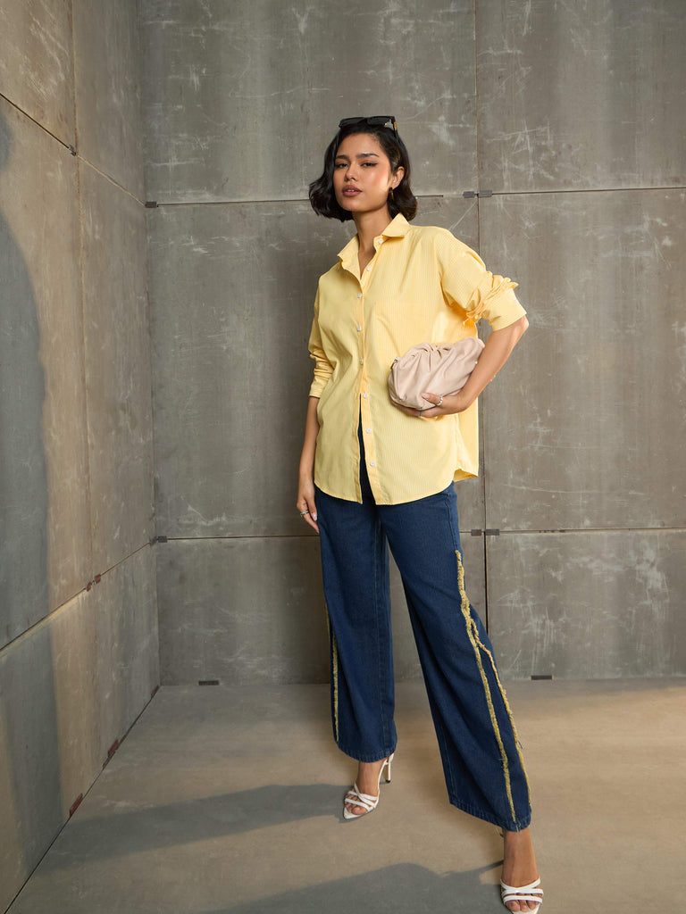 Women's Yellow & White Striped Oversized Shi