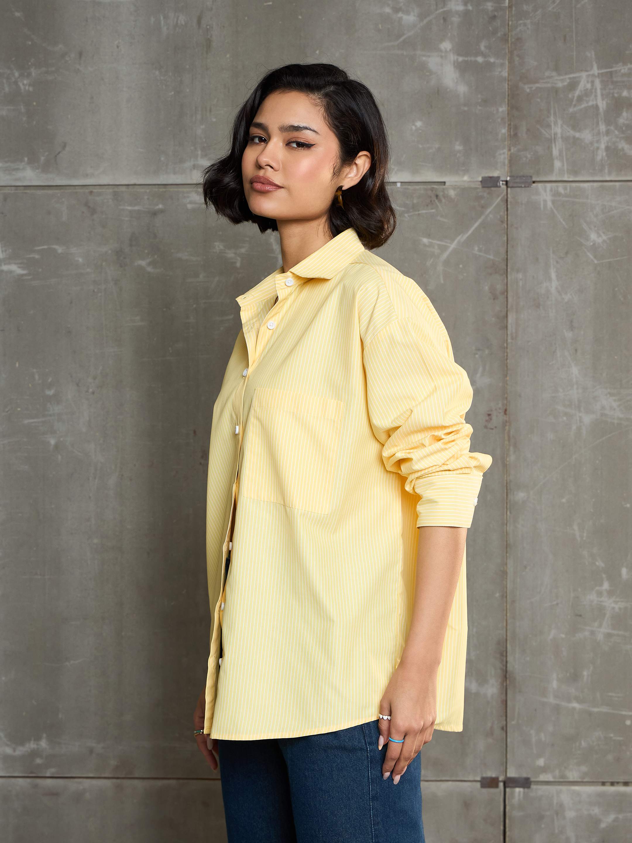 Women's Yellow & White Striped Oversized Shirt-SASSAFRAS