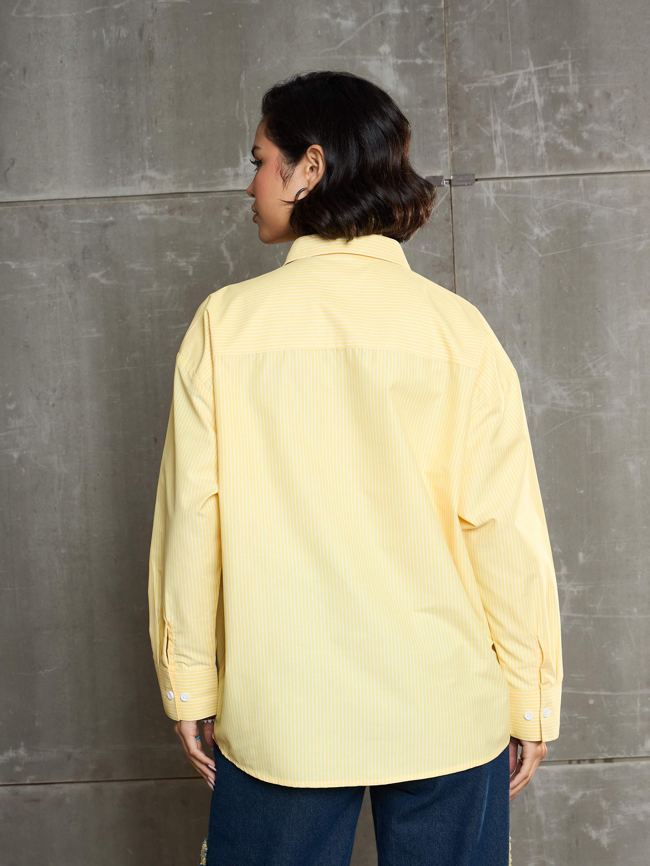 Women's Yellow & White Striped Oversized Shirt-SASSAFRAS