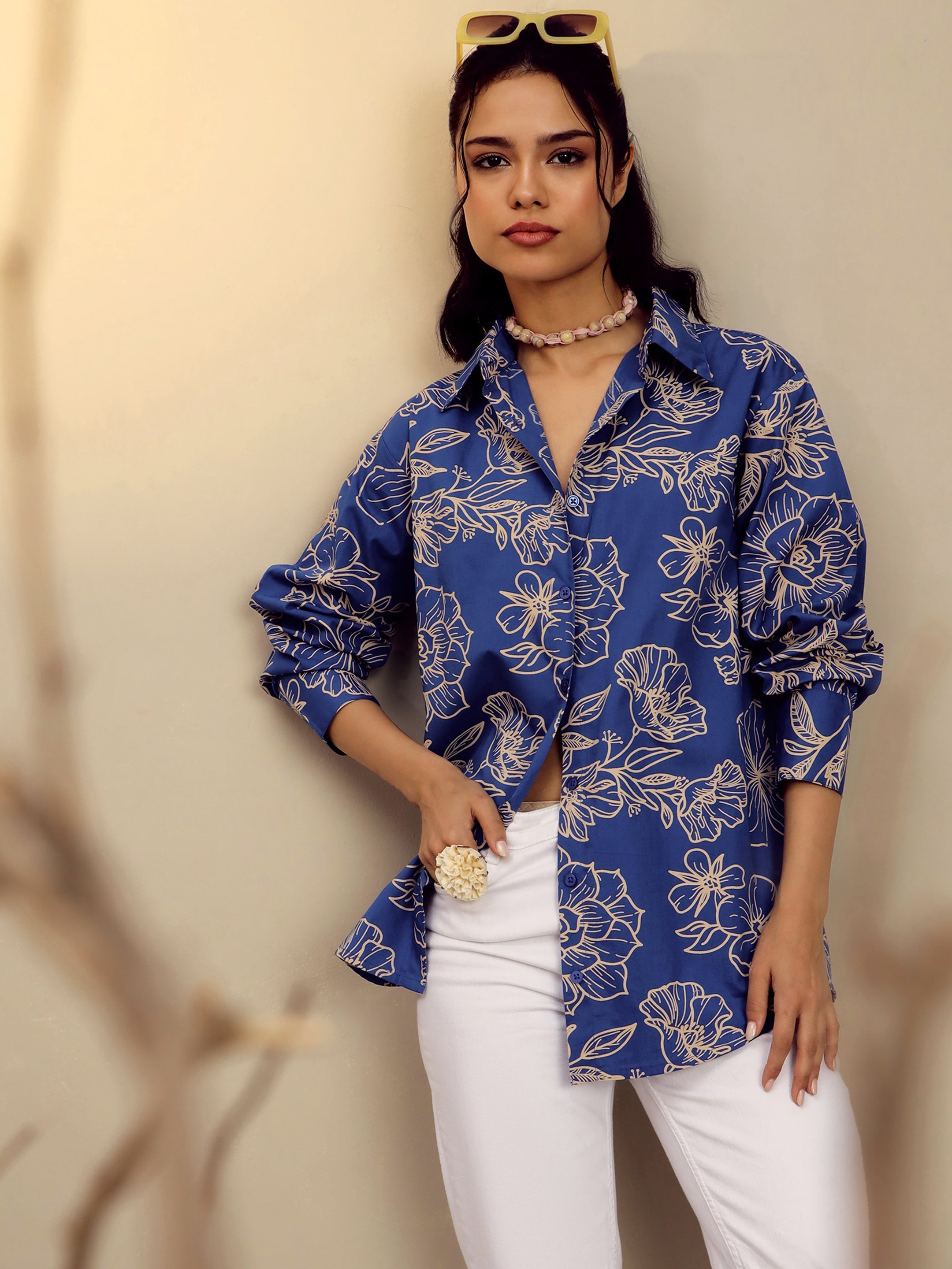 Women's Blue Poplin Floral Regular Shirt