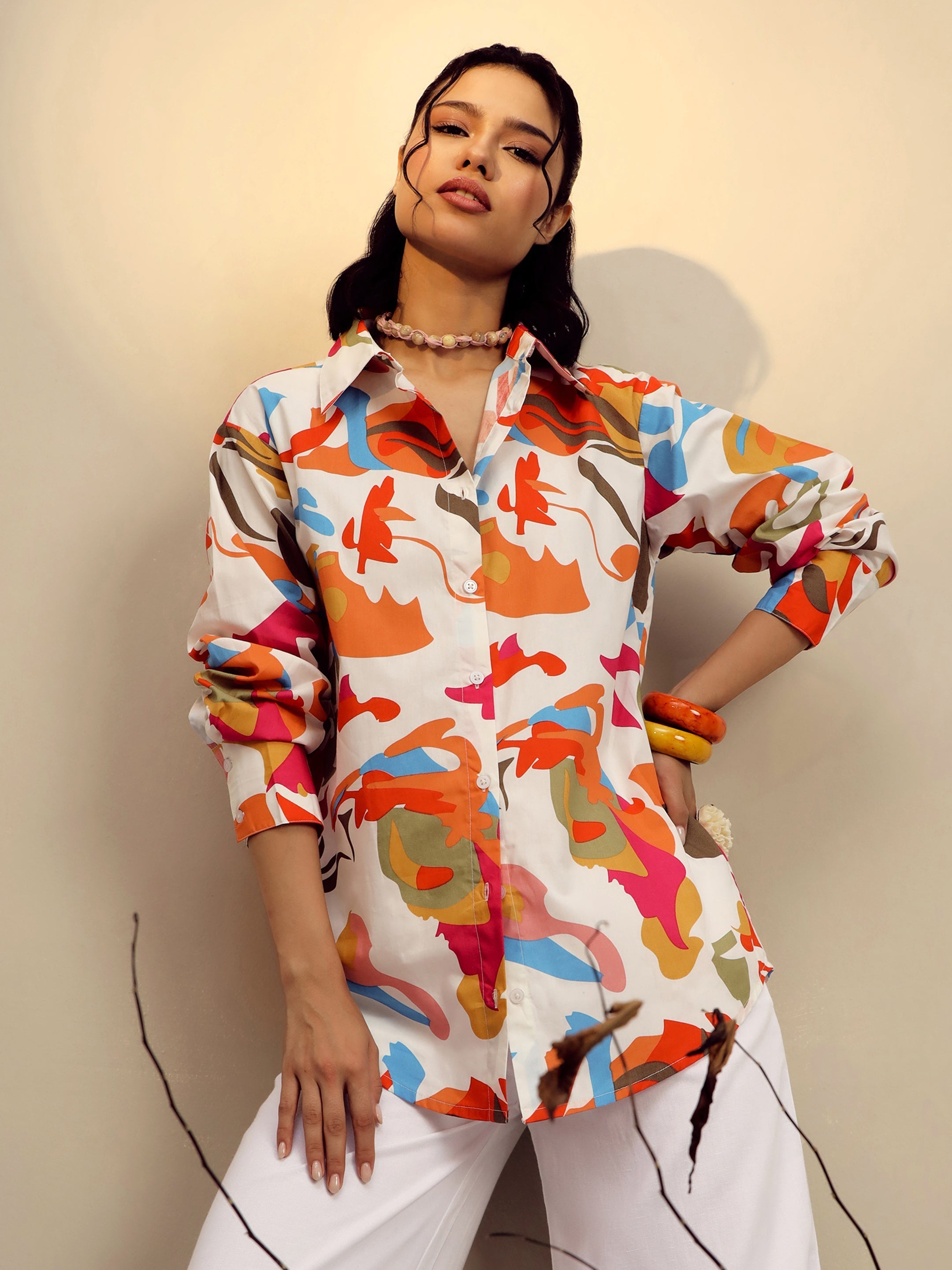 Women's Pink Poplin Abstract Print Regular Shirt