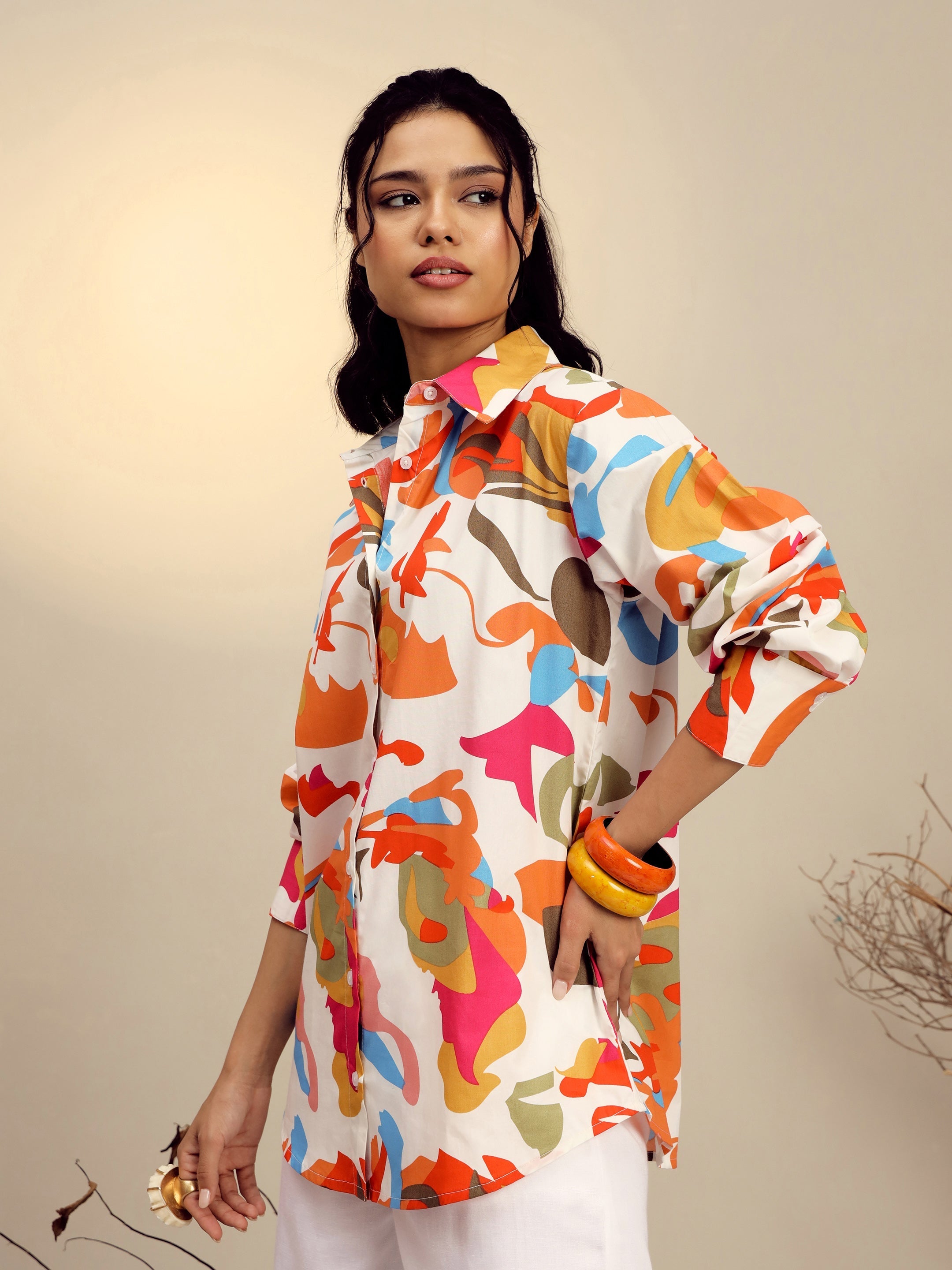 Women's Pink Poplin Abstract Print Regular Shirt