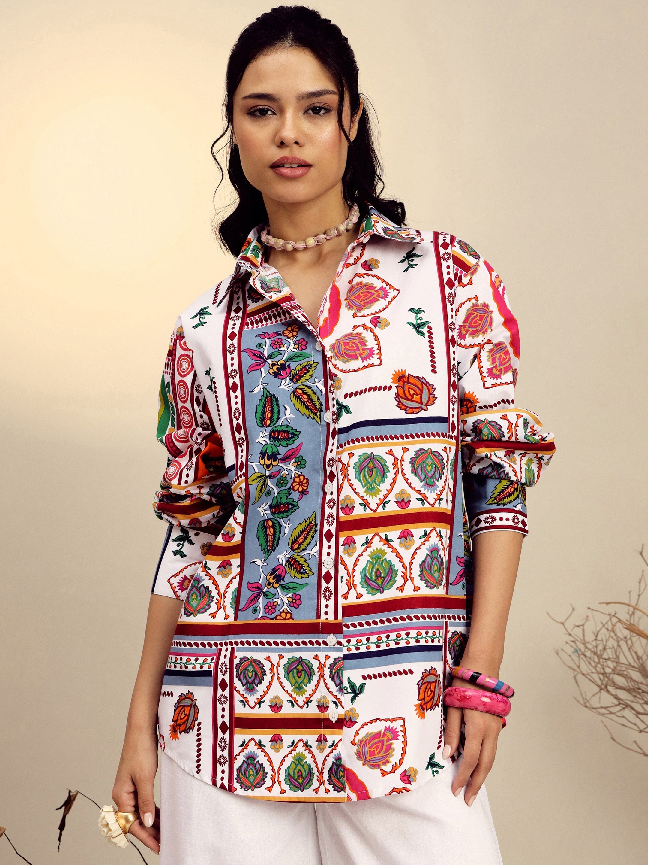 Women's White Poplin Multi Patch Print Regular Shirt