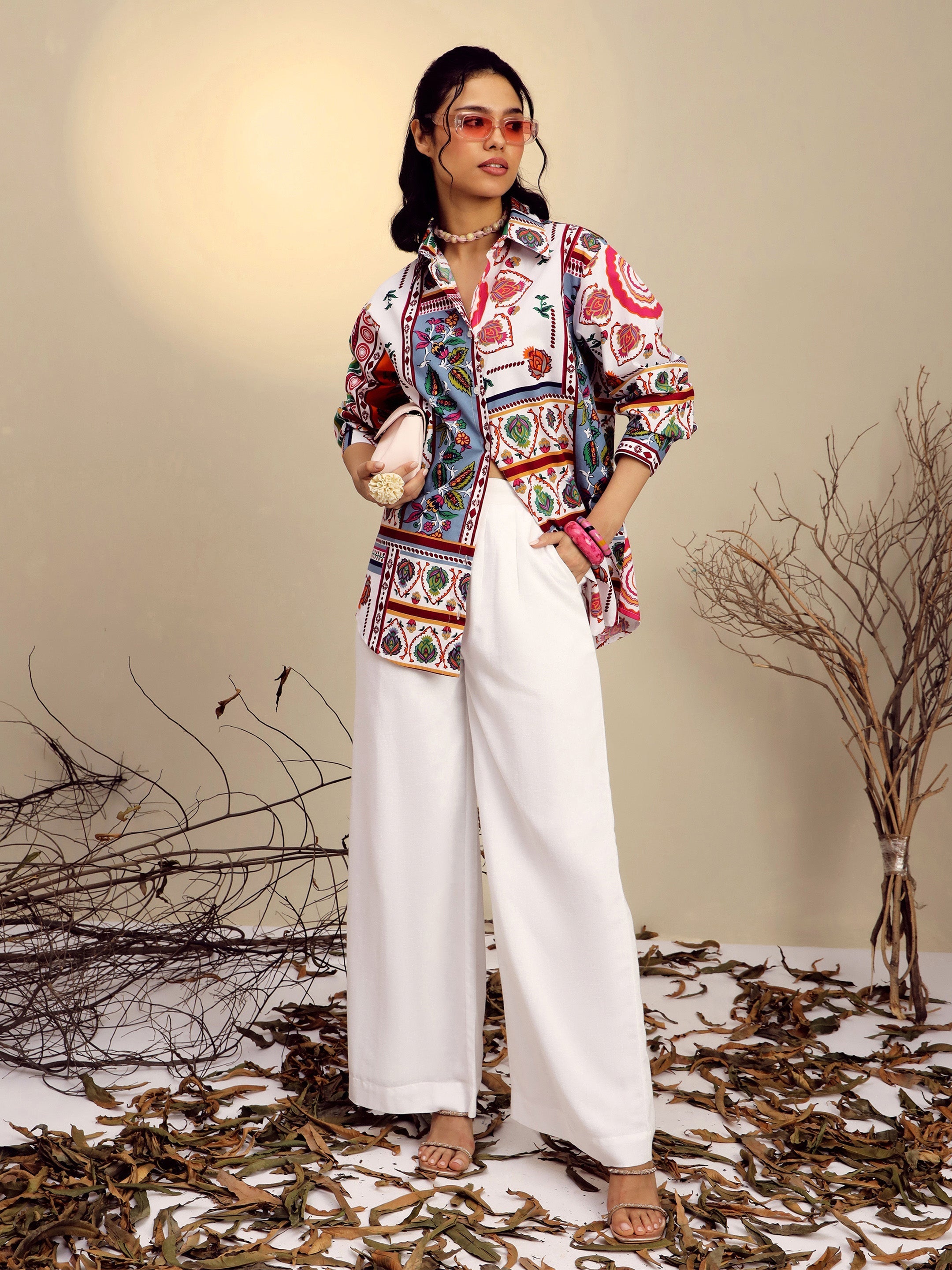 Women's White Poplin Multi Patch Print Regular Shirt