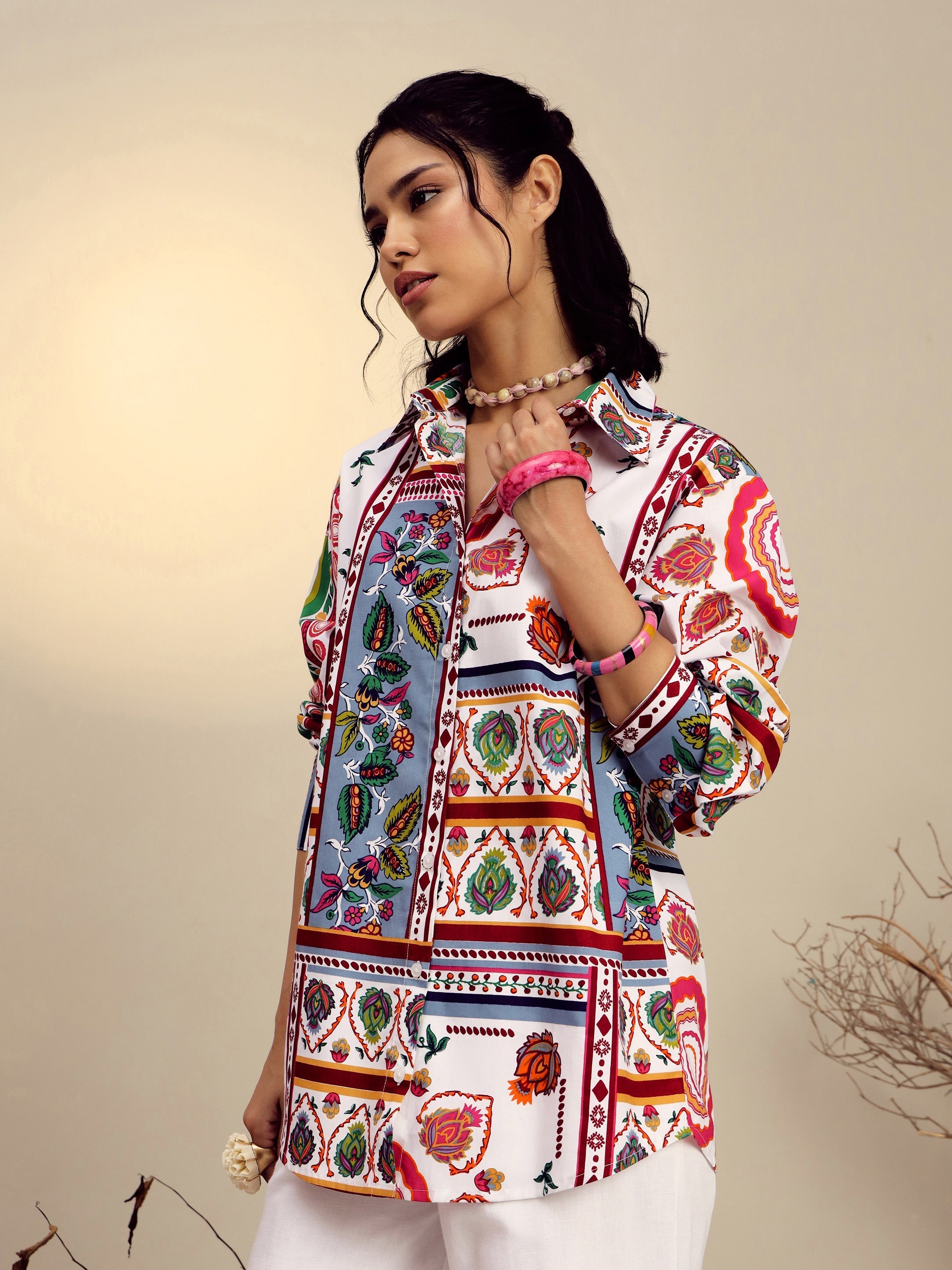 Women's White Poplin Multi Patch Print Regular Shirt