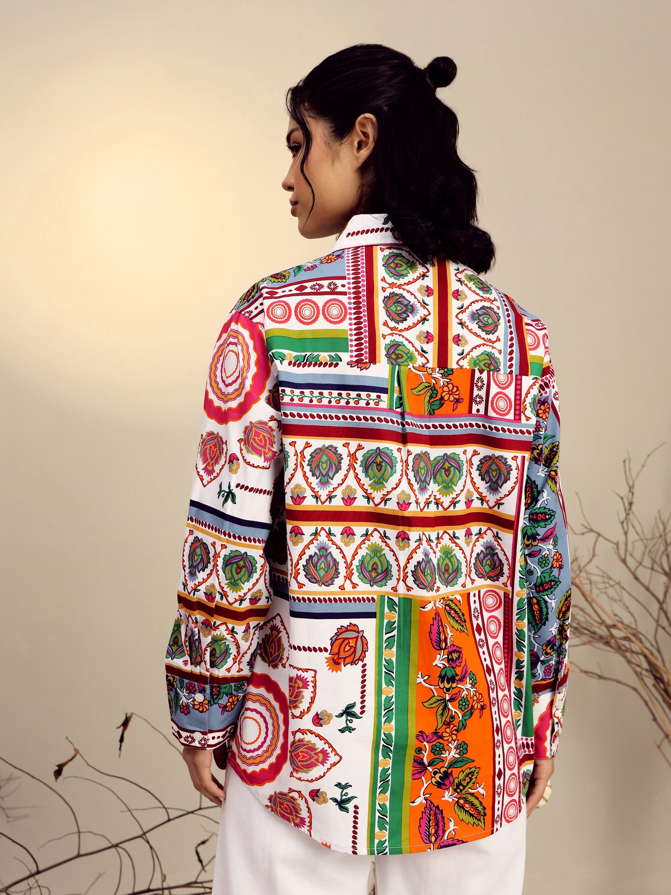 Women's White Poplin Multi Patch Print Regular Shirt