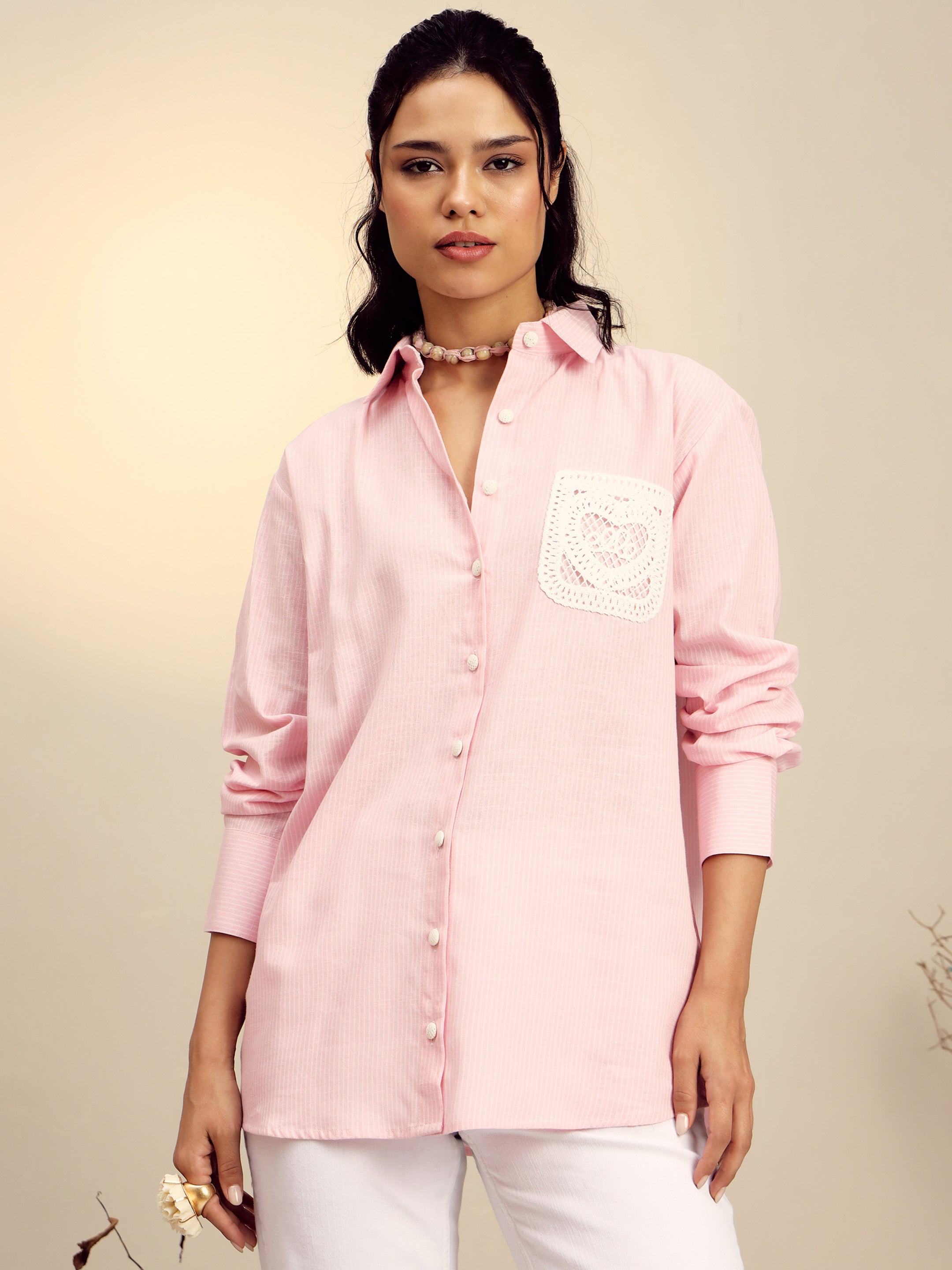 Women's Pink Striped Regular Shirt