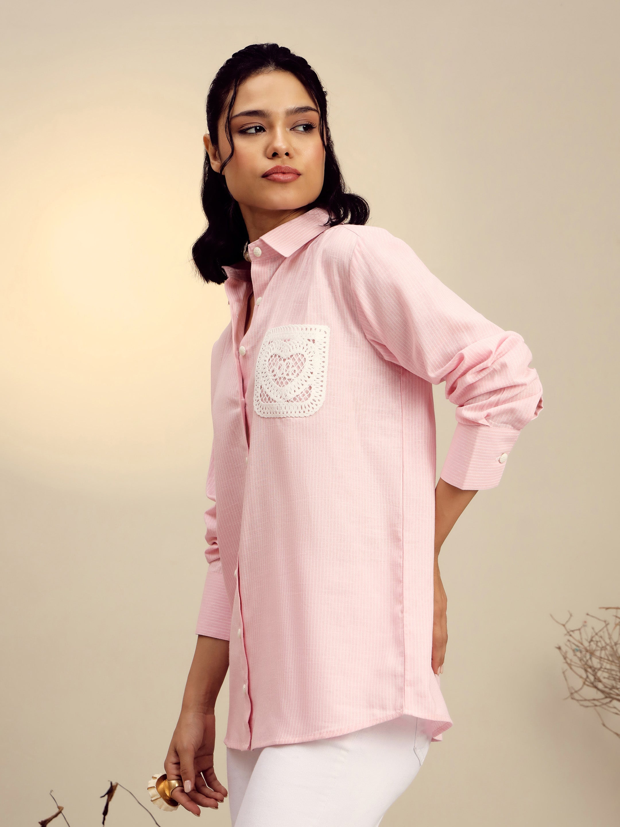 Women's Pink Striped Regular Shirt