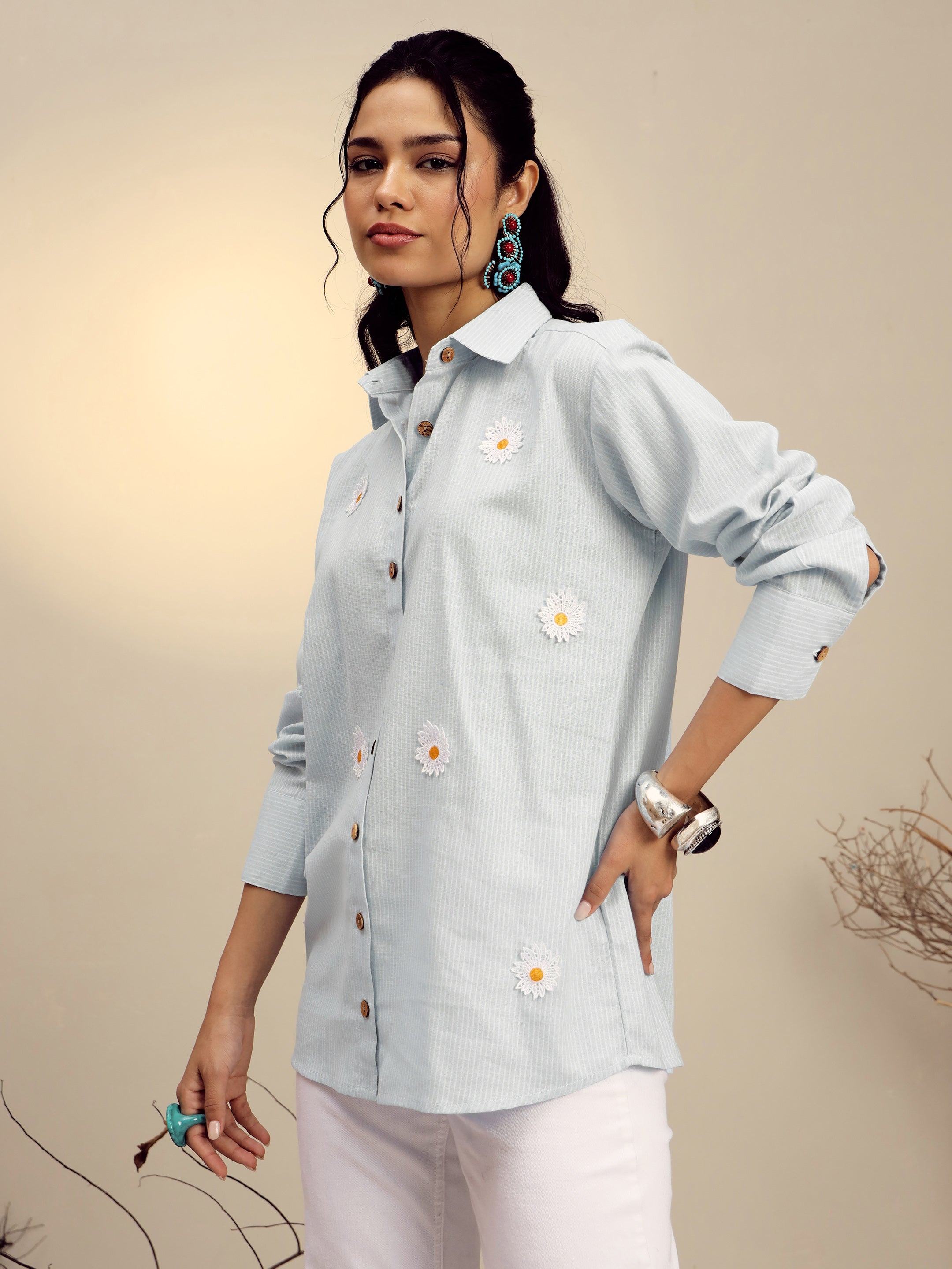 Women's Grey Striped Regular Shirt