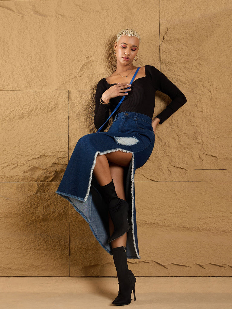 Women's Navy Blue Solid Skirt