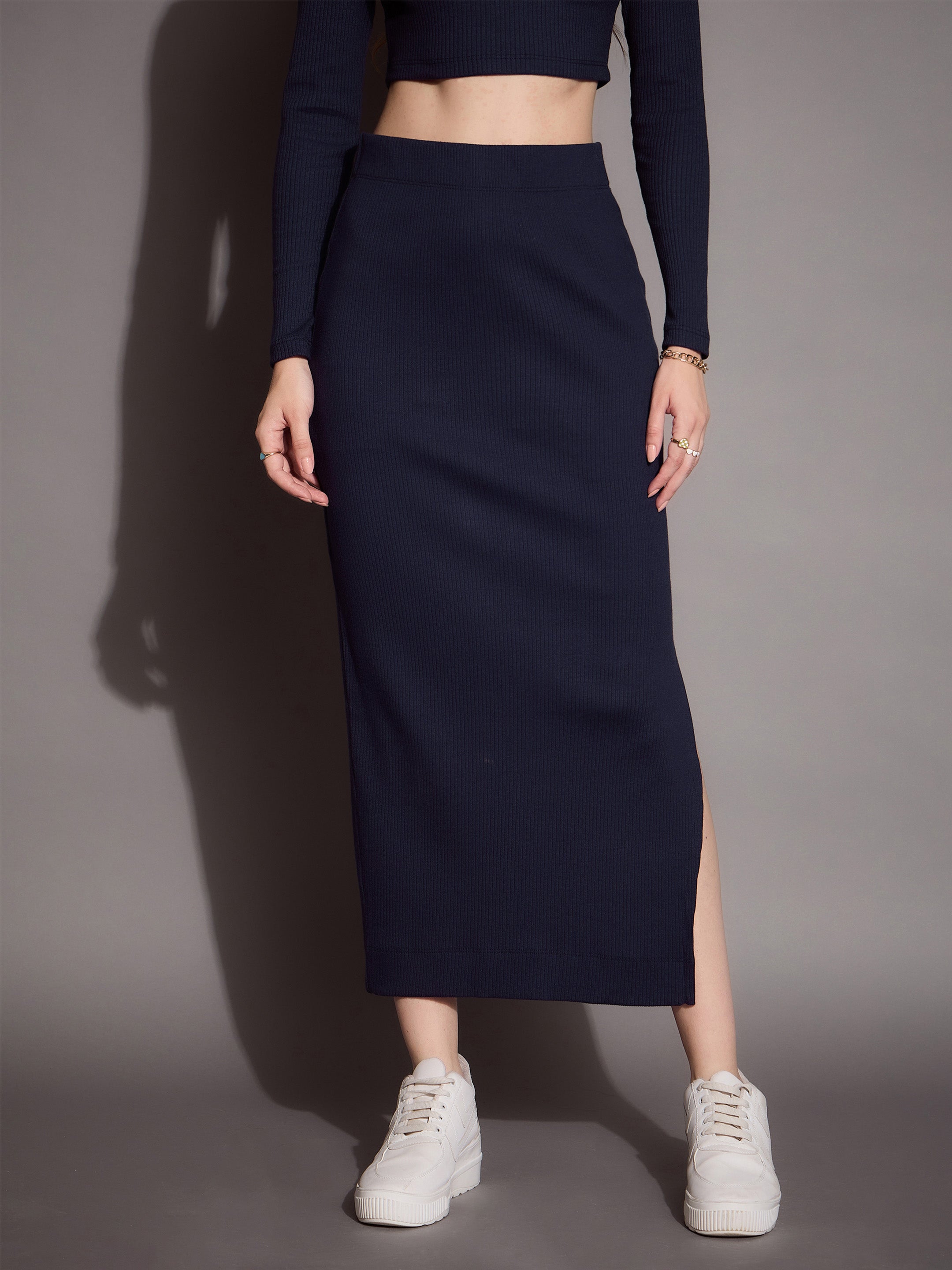 Women's Navy Blue Rib Skirt - Sassafras