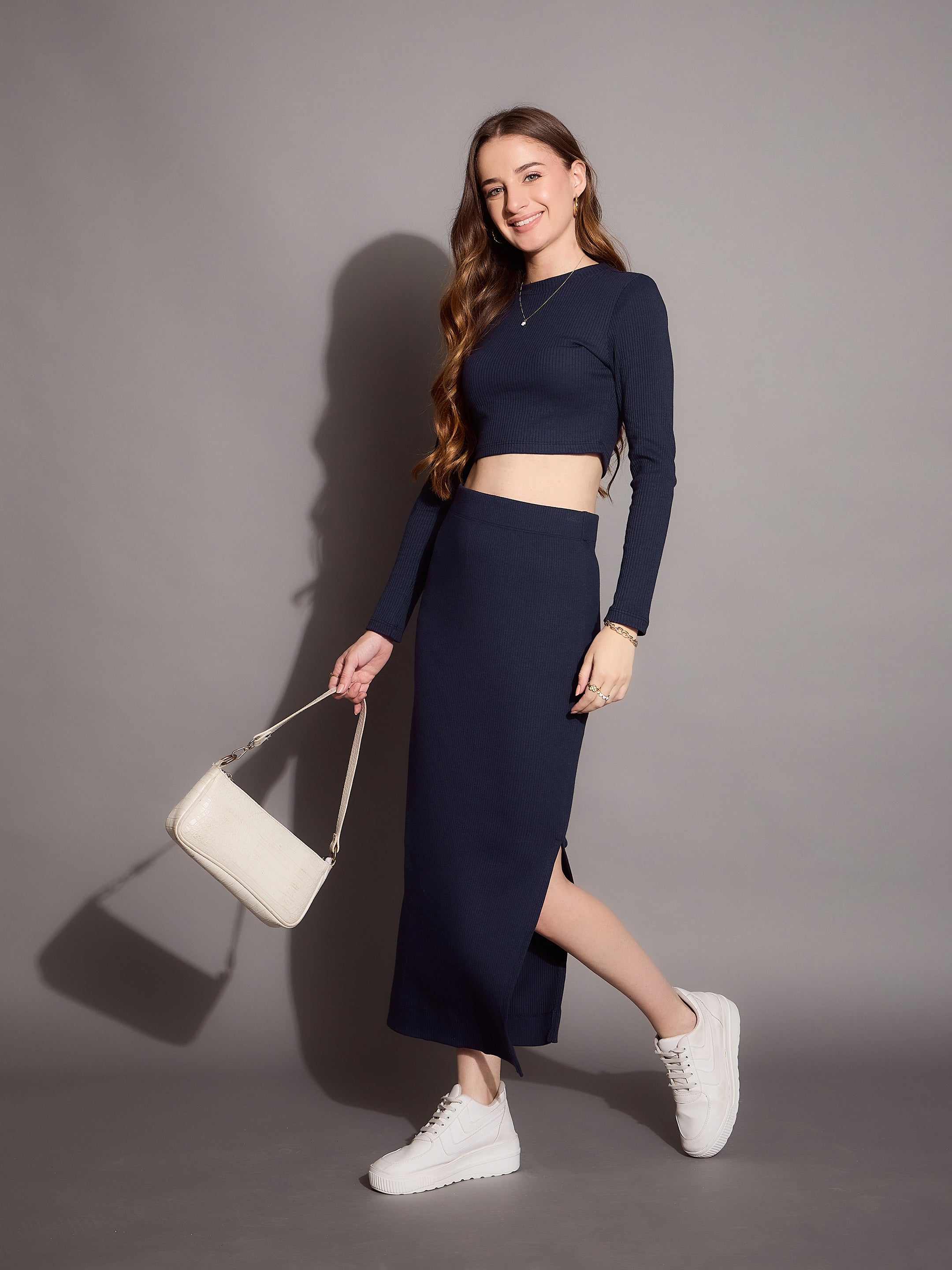 Women's Navy Blue Rib Skirt - Sassafras