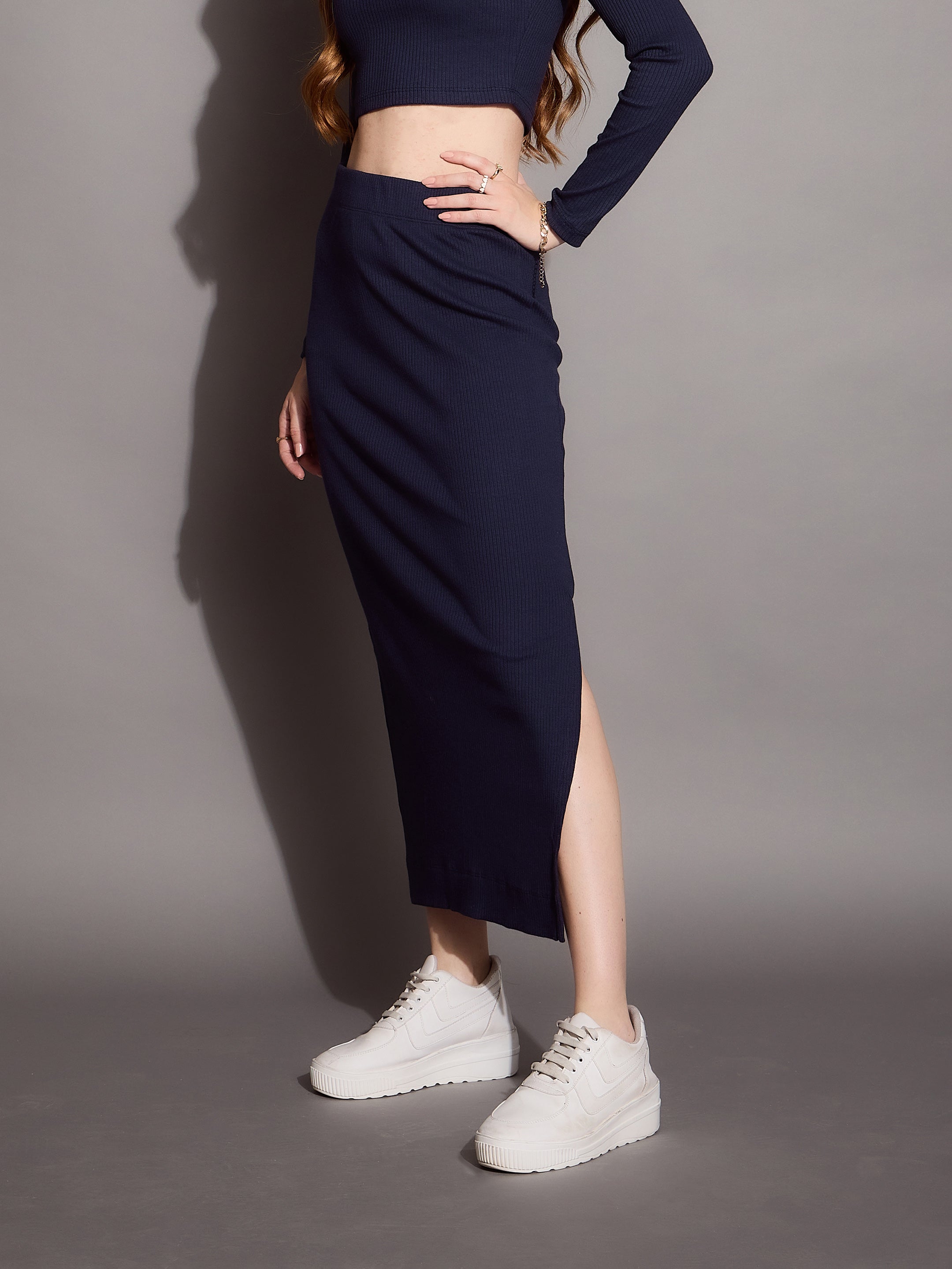 Women's Navy Blue Rib Skirt - Sassafras