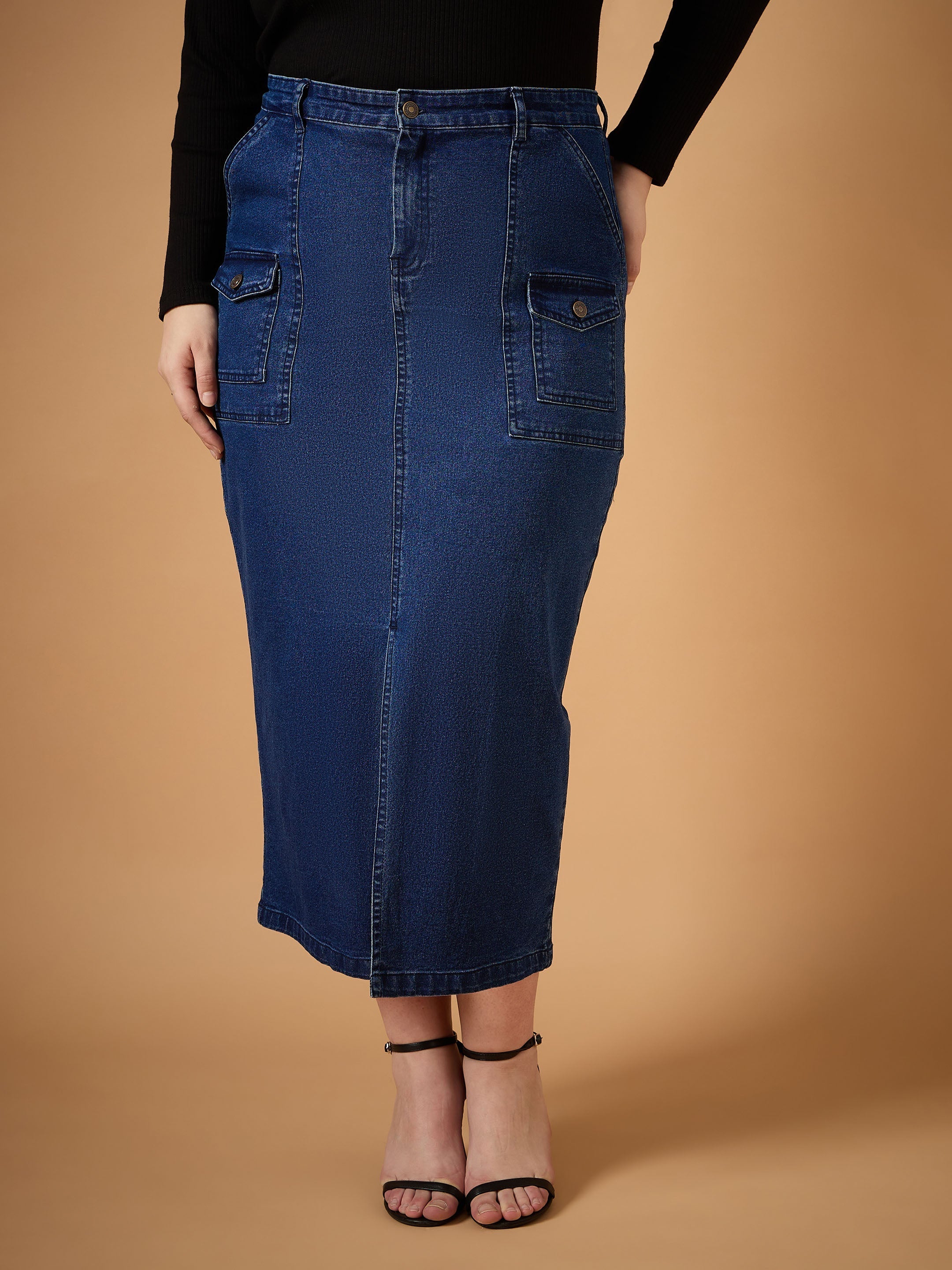 Women's Navy Blue Denim Skirt - Sassafras