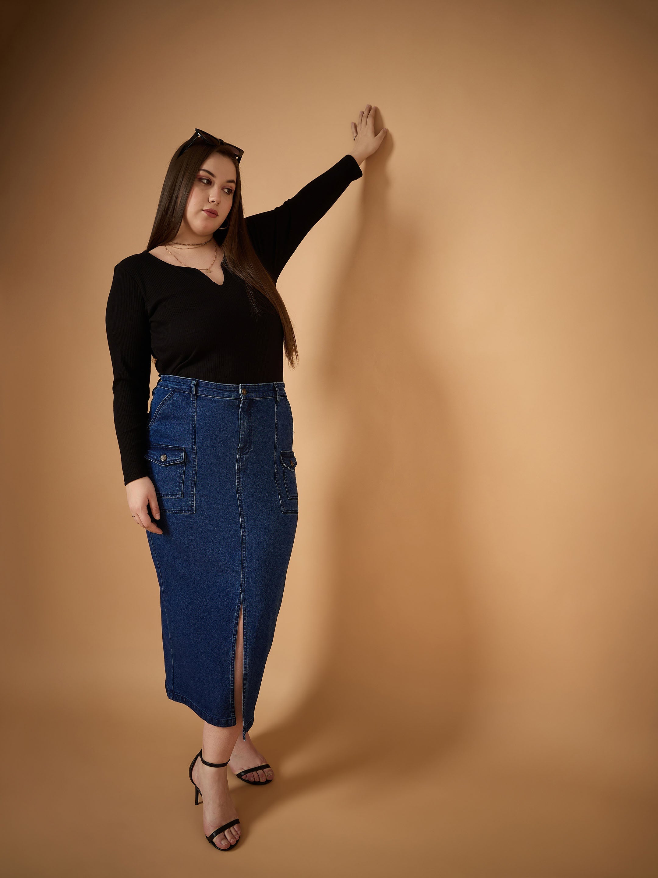 Women's Navy Blue Denim Skirt - Sassafras