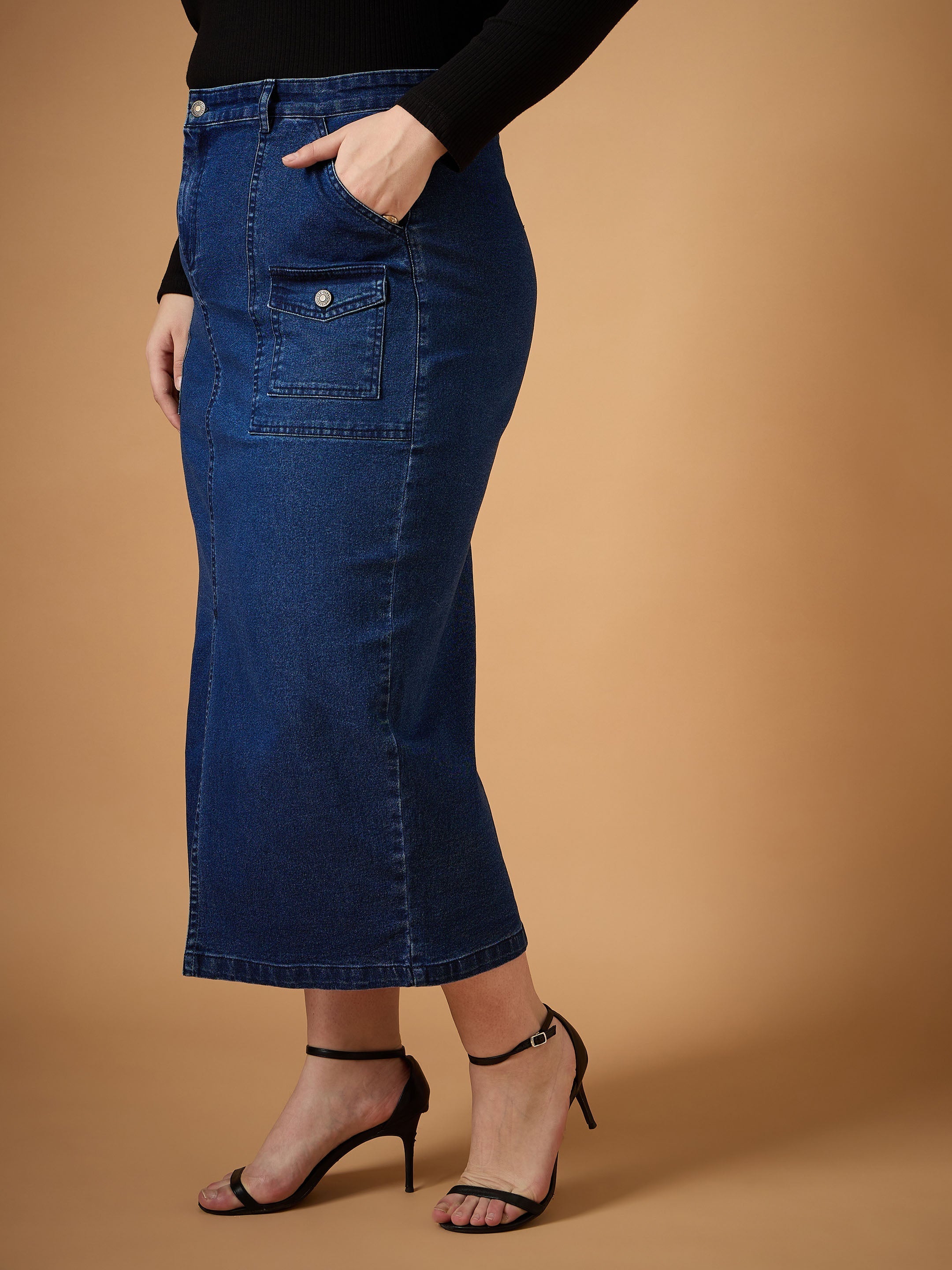 Women's Navy Blue Denim Skirt - Sassafras