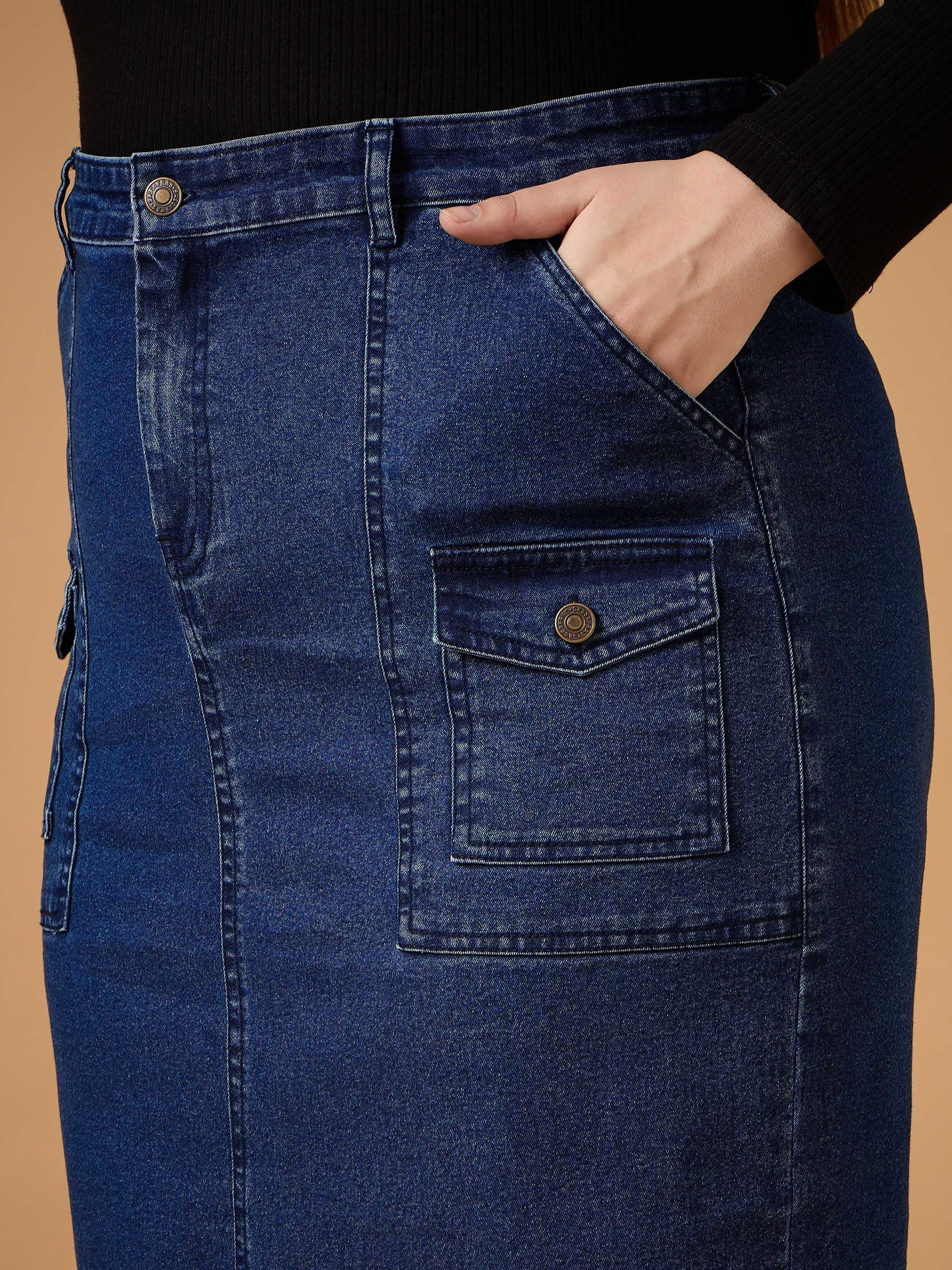 Women's Navy Blue Denim Skirt - Sassafras