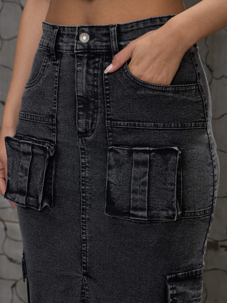 Women's Grey Washed Denim Box Pocket Midi Ski