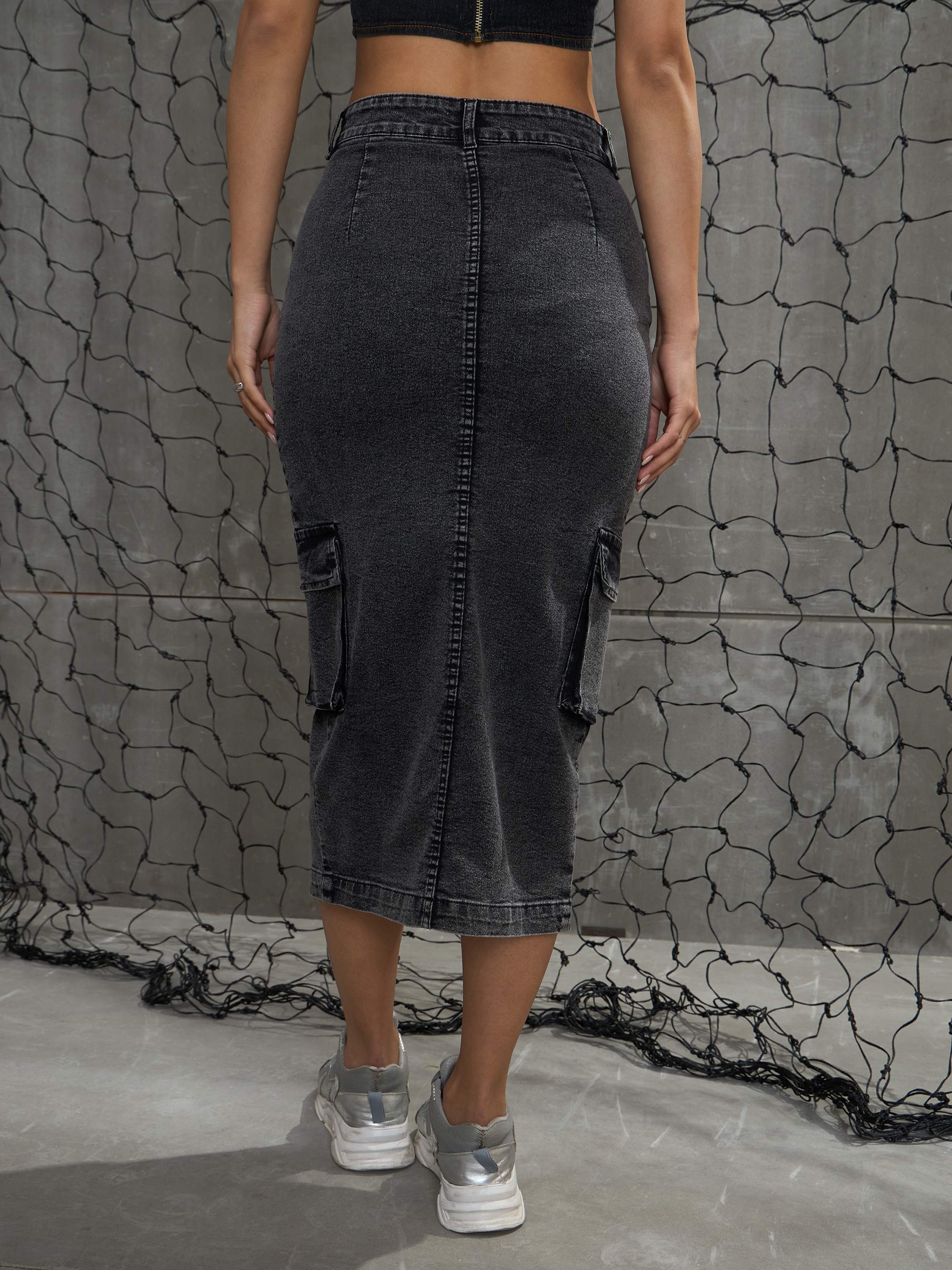 Women's Grey Washed Denim Box Pocket Midi Skirt-SASSAFRAS