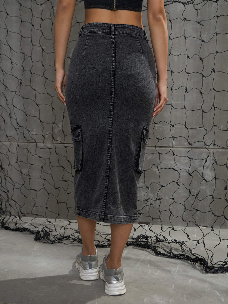 Women's Grey Washed Denim Box Pocket Midi Ski