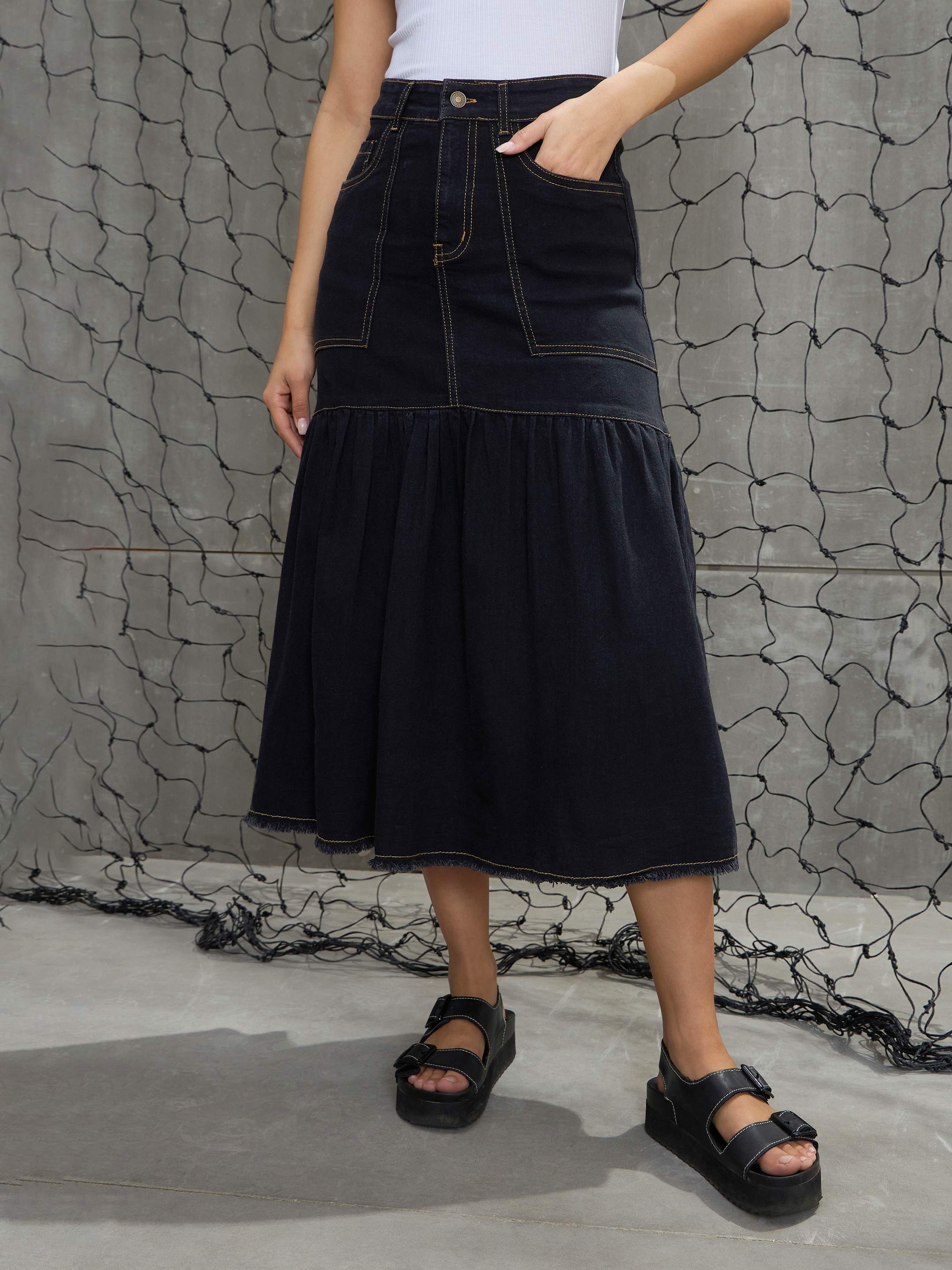 Women's Black Denim Flared Midi Skirt-SASSAFRAS