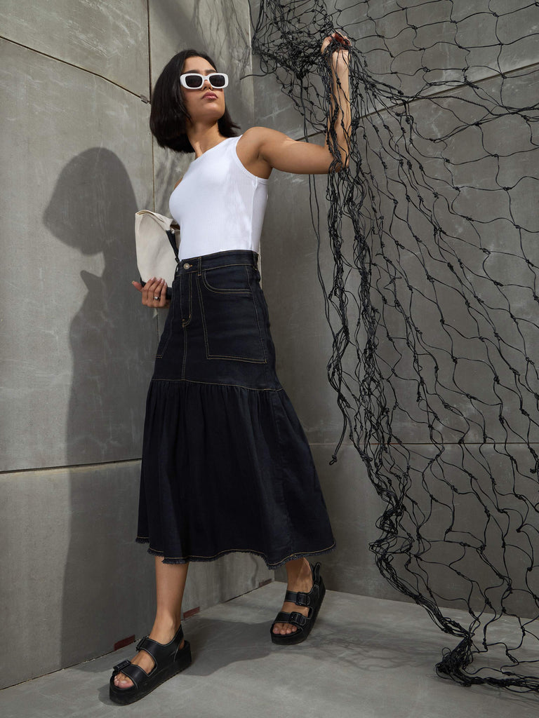 Women's Black Denim Flared Midi Ski