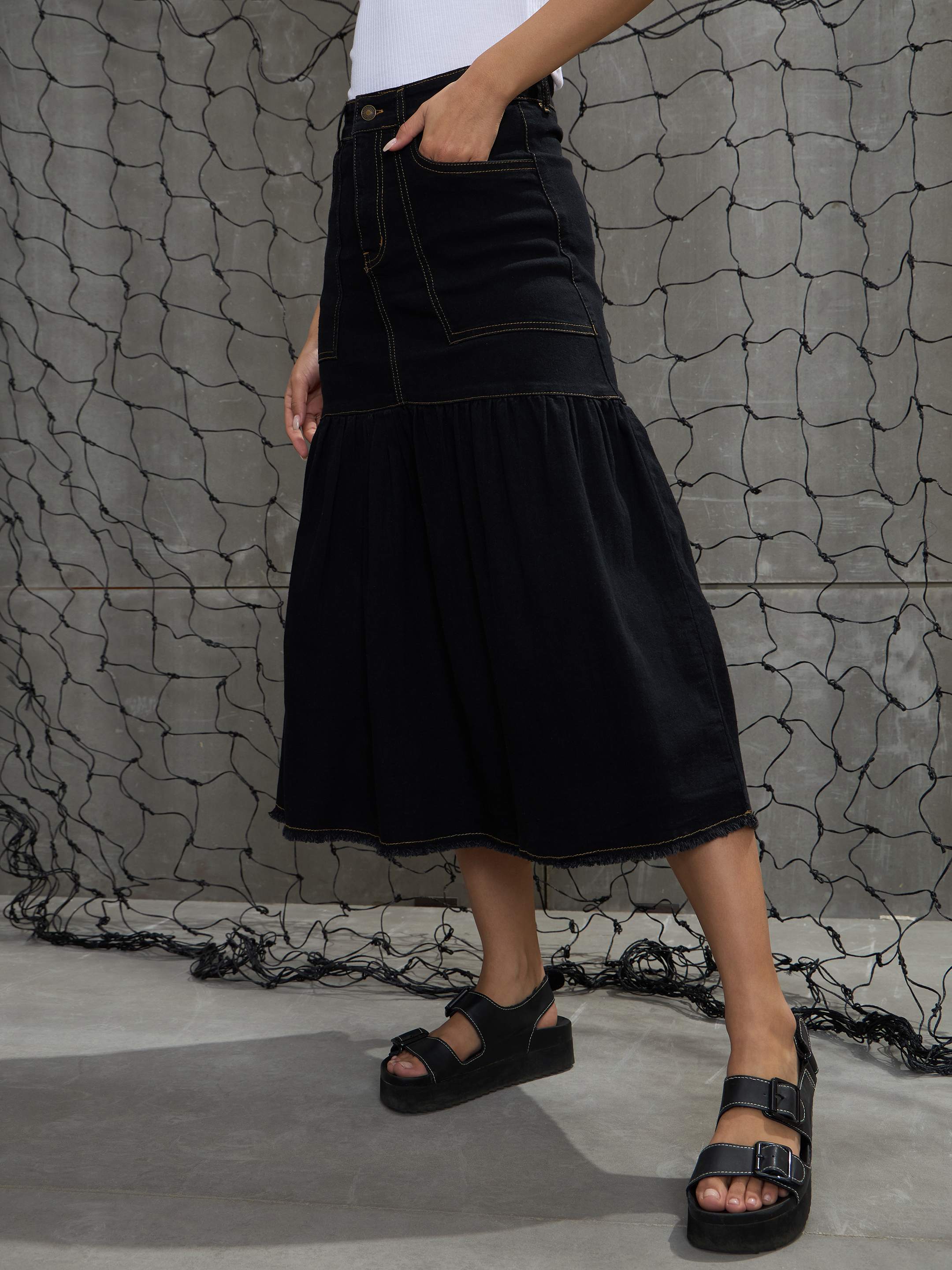 Women's Black Denim Flared Midi Skirt-SASSAFRAS