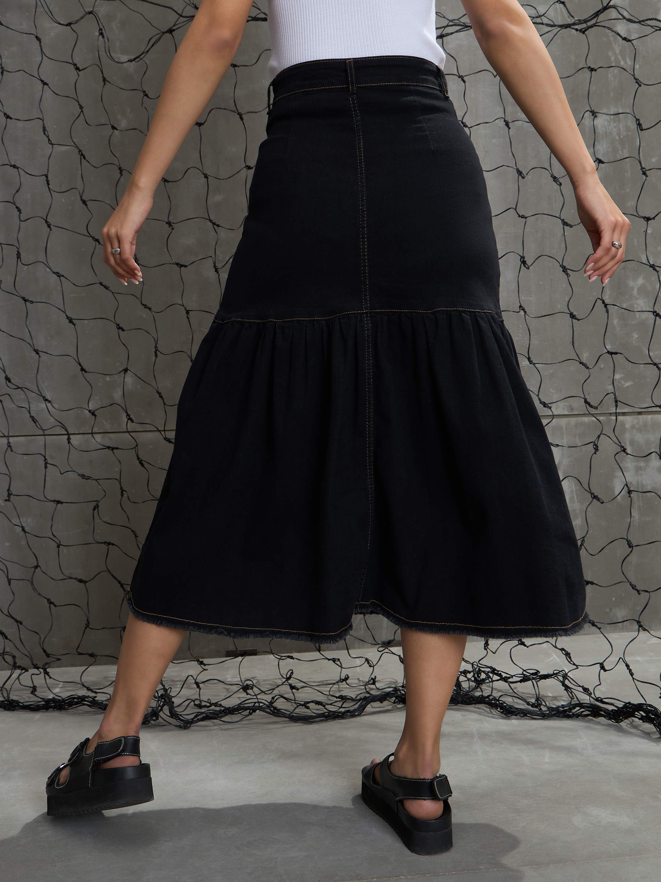 Women's Black Denim Flared Midi Skirt-SASSAFRAS