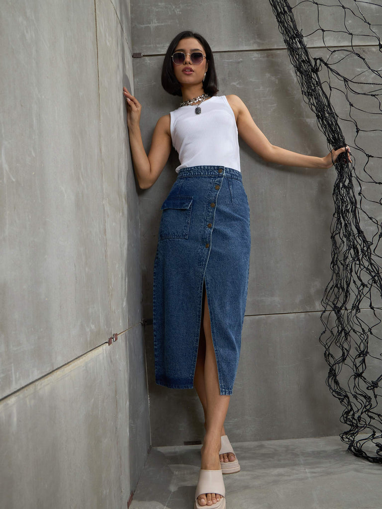 Women's Blue Front Button Wrap Ski