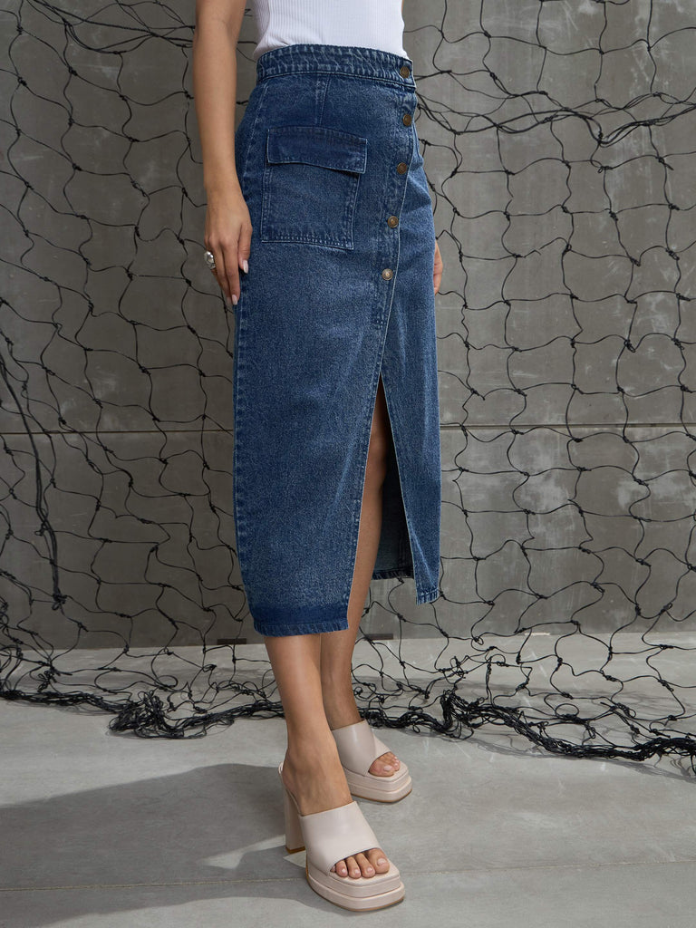 Women's Blue Front Button Wrap Ski