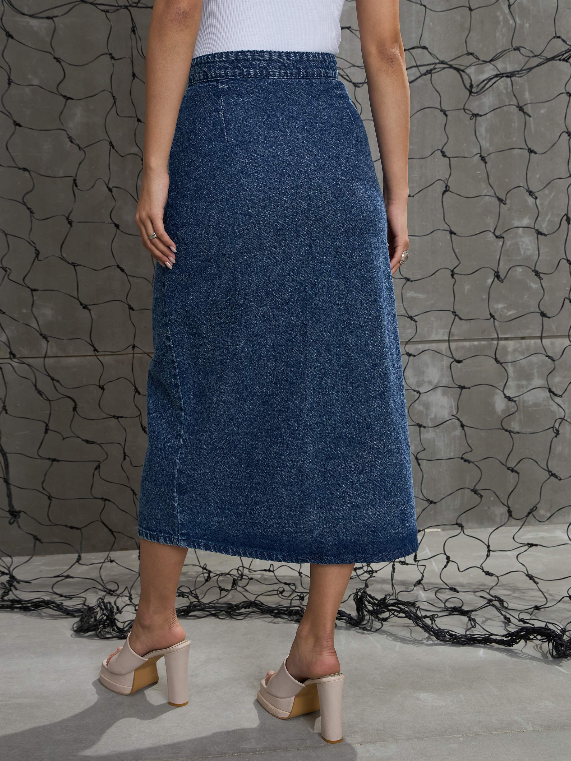 Women's Blue Front Button Wrap Skirt-SASSAFRAS