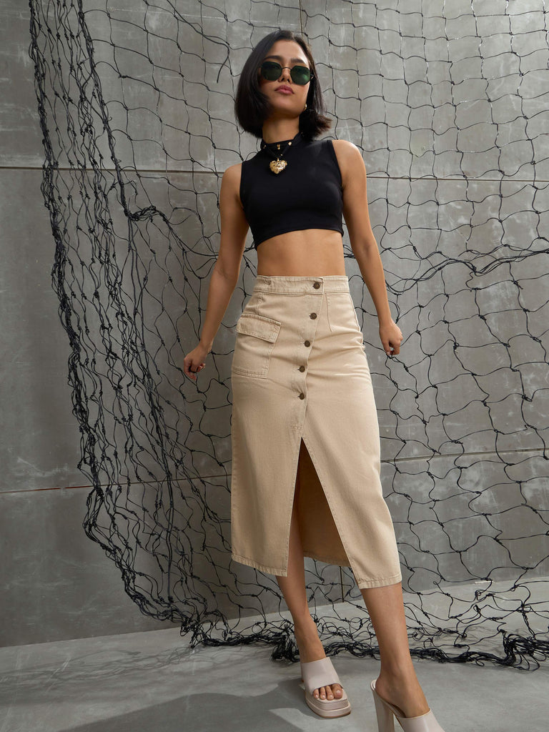 Women's Beige Front Button Wrap Ski