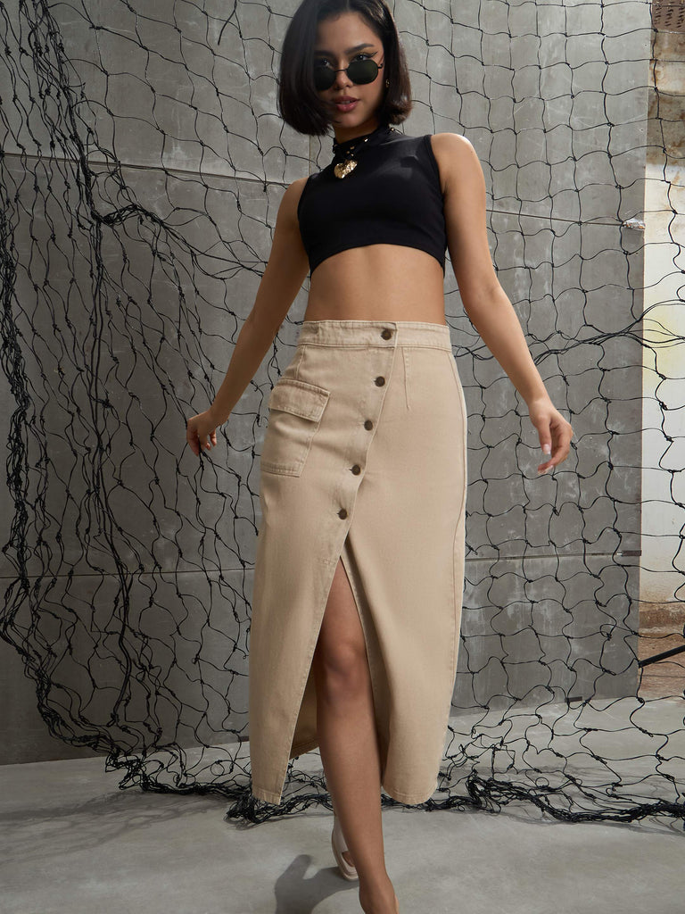 Women's Beige Front Button Wrap Ski