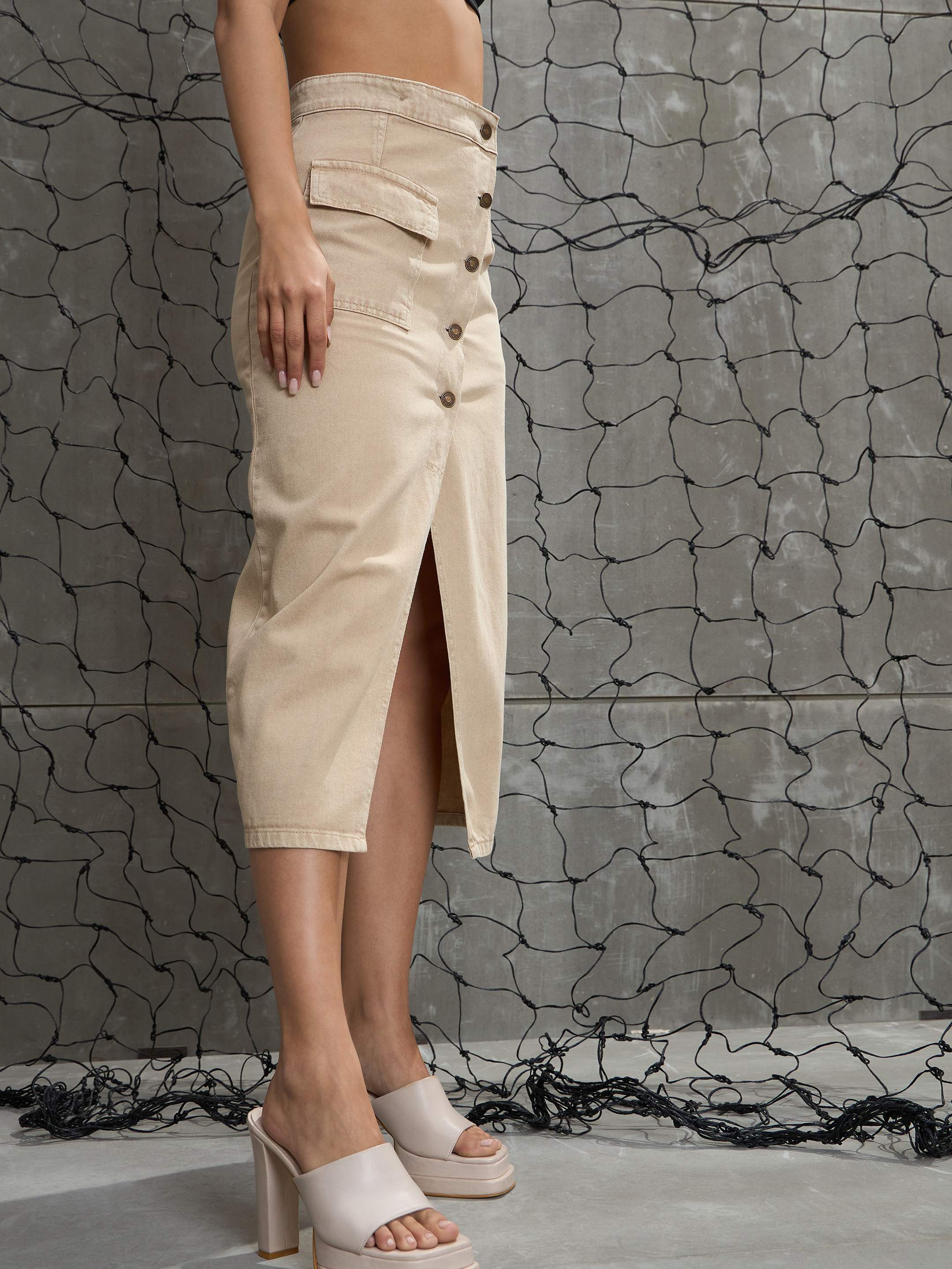 Women's Beige Front Button Wrap Skirt-SASSAFRAS