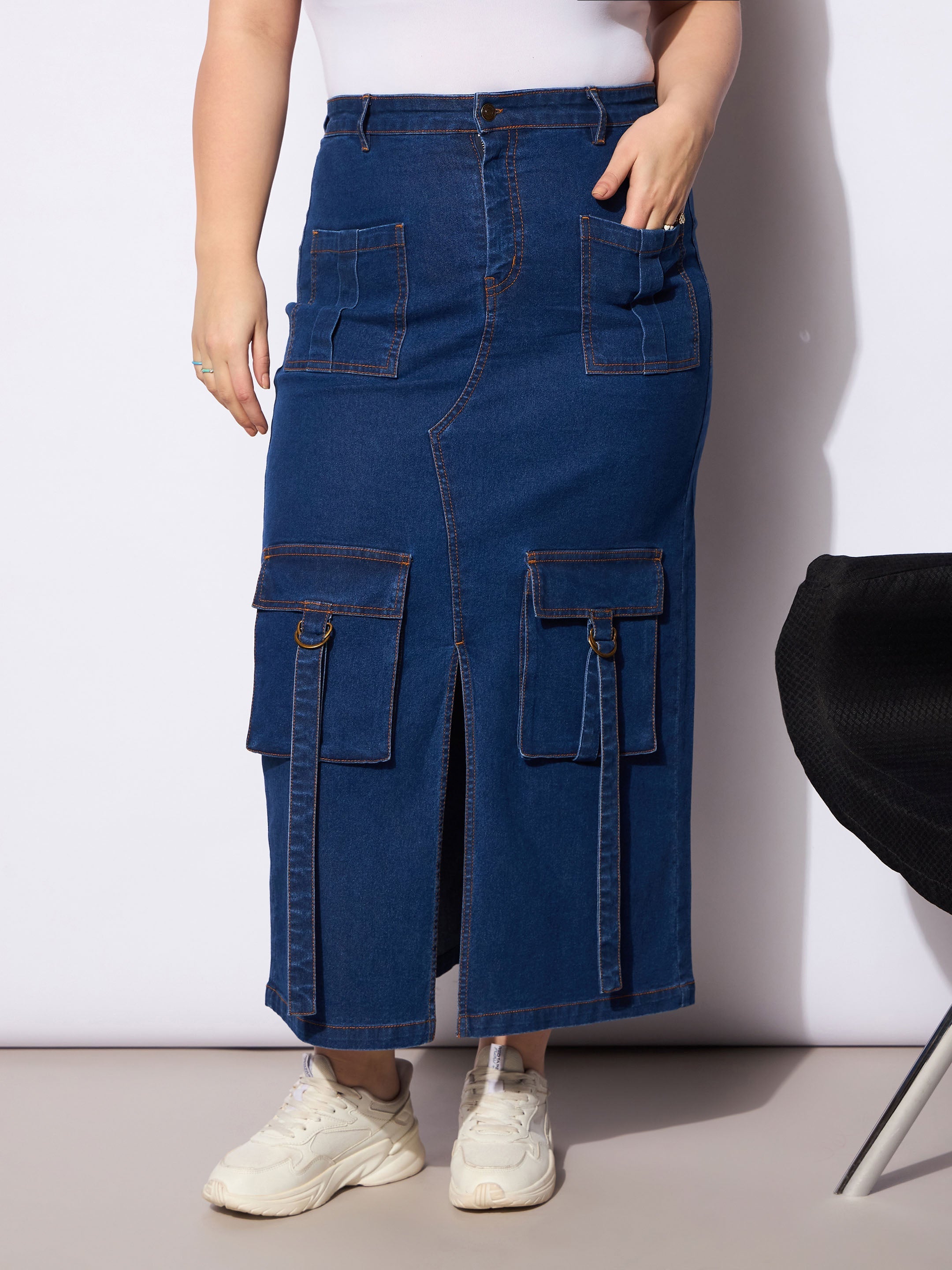 Women's Navy Denim Multi Pocket Front Slit Skirt-SASSAFRAS