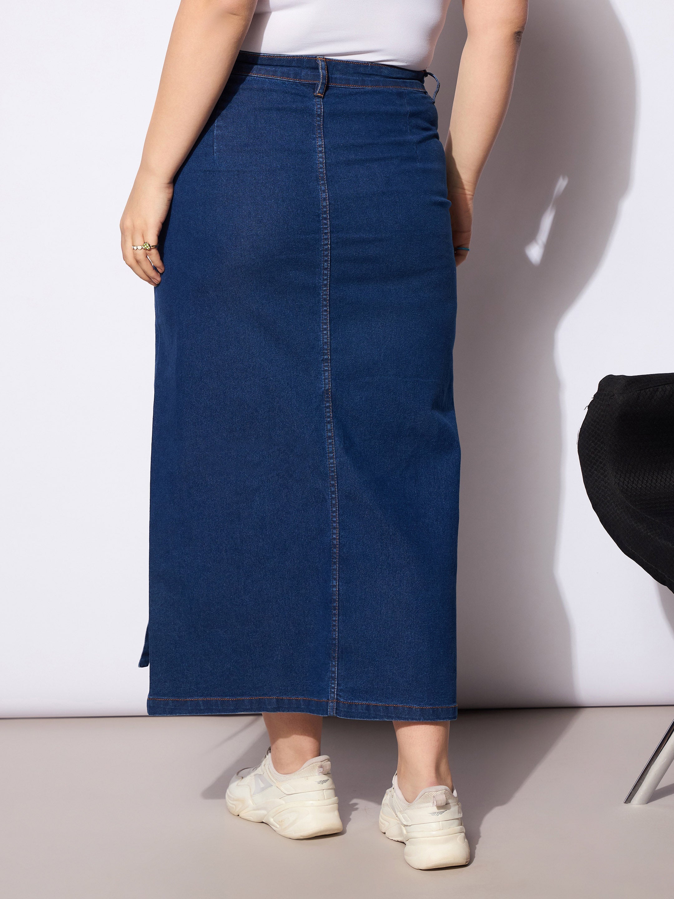 Women's Navy Denim Multi Pocket Front Slit Skirt-SASSAFRAS