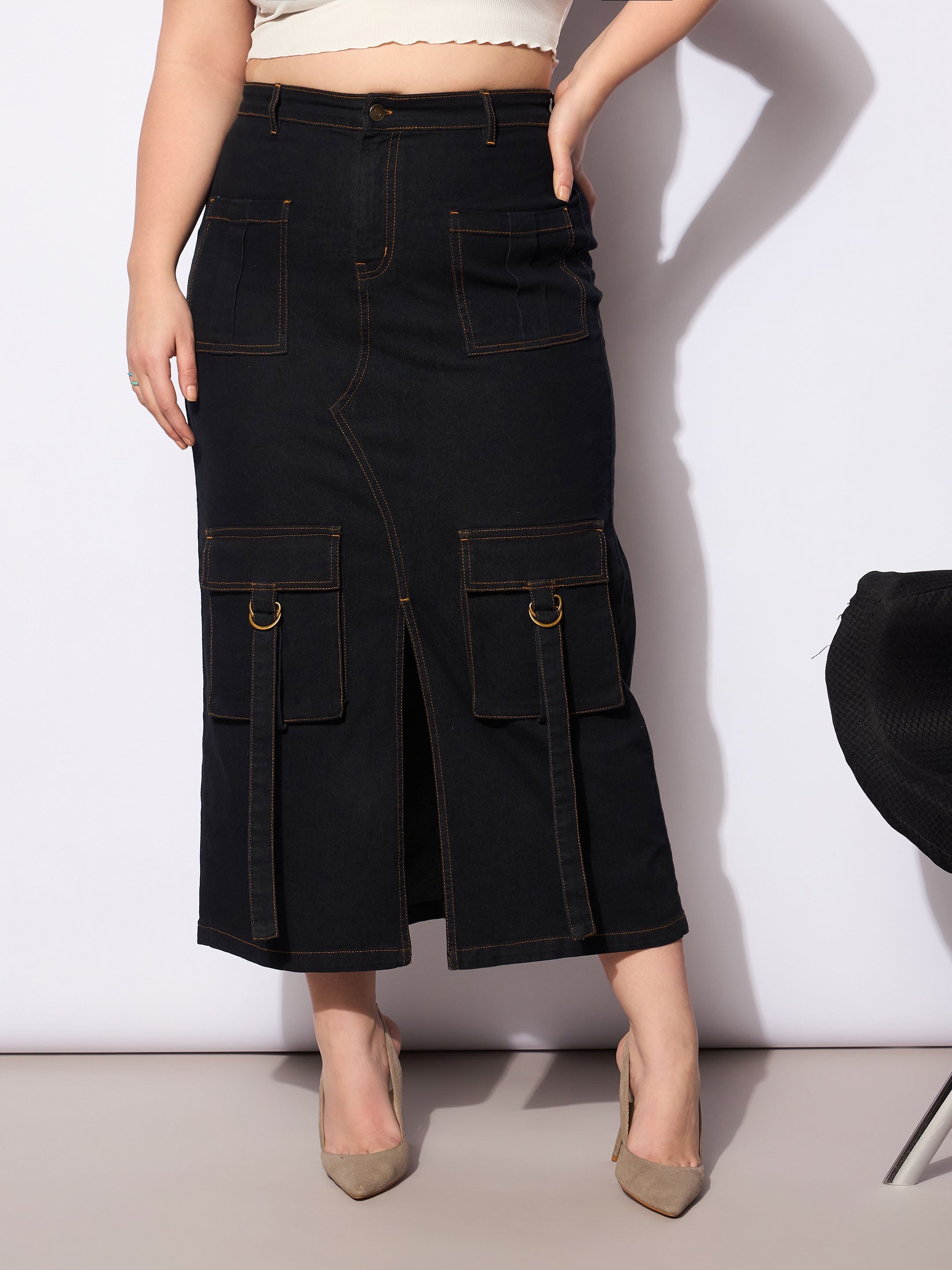 Women's Black Denim Multi Pocket Front Slit Skirt-SASSAFRAS