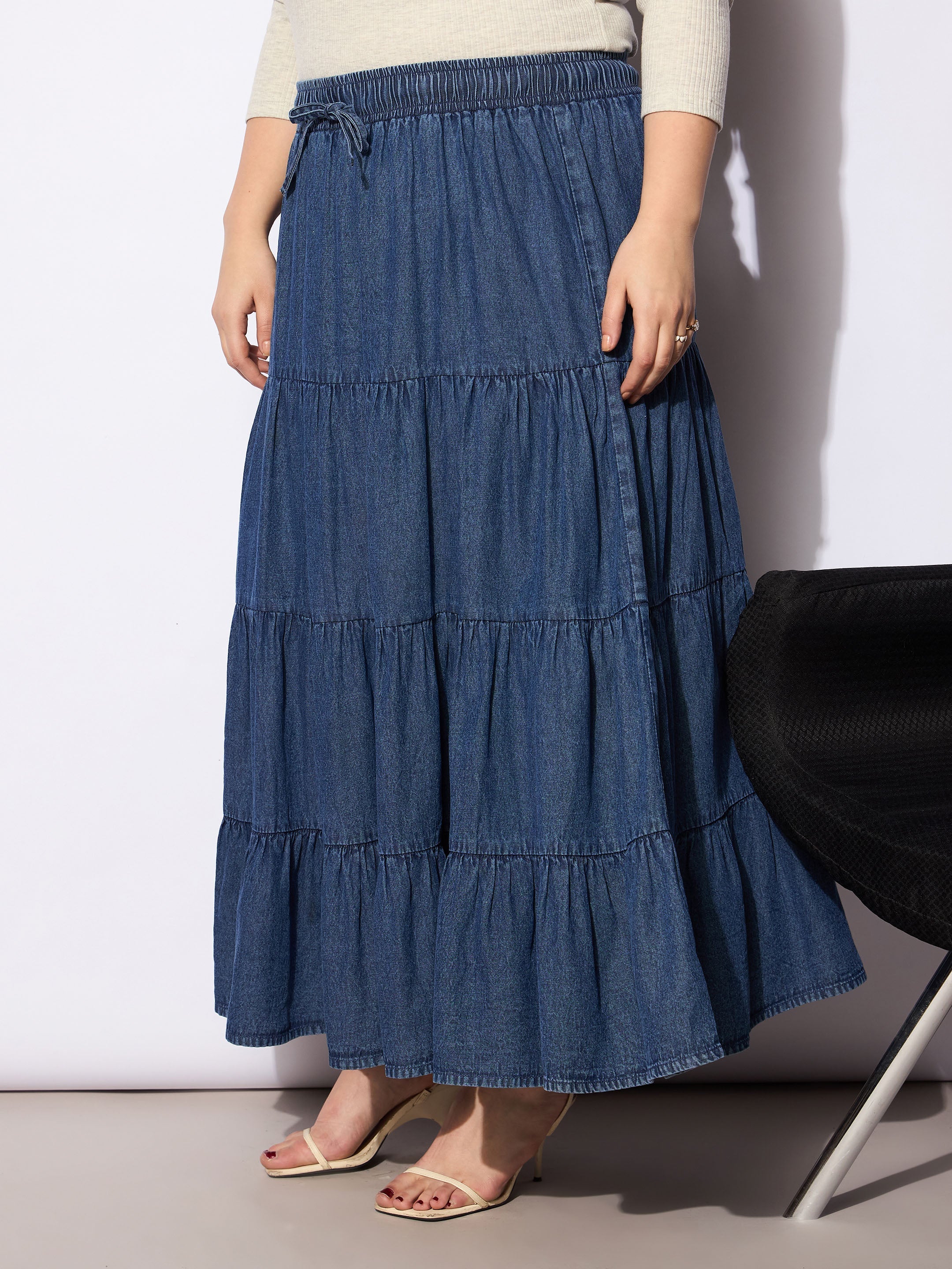 Women's Navy Tencel Front Drawstring Tired Skirt-SASSAFRAS