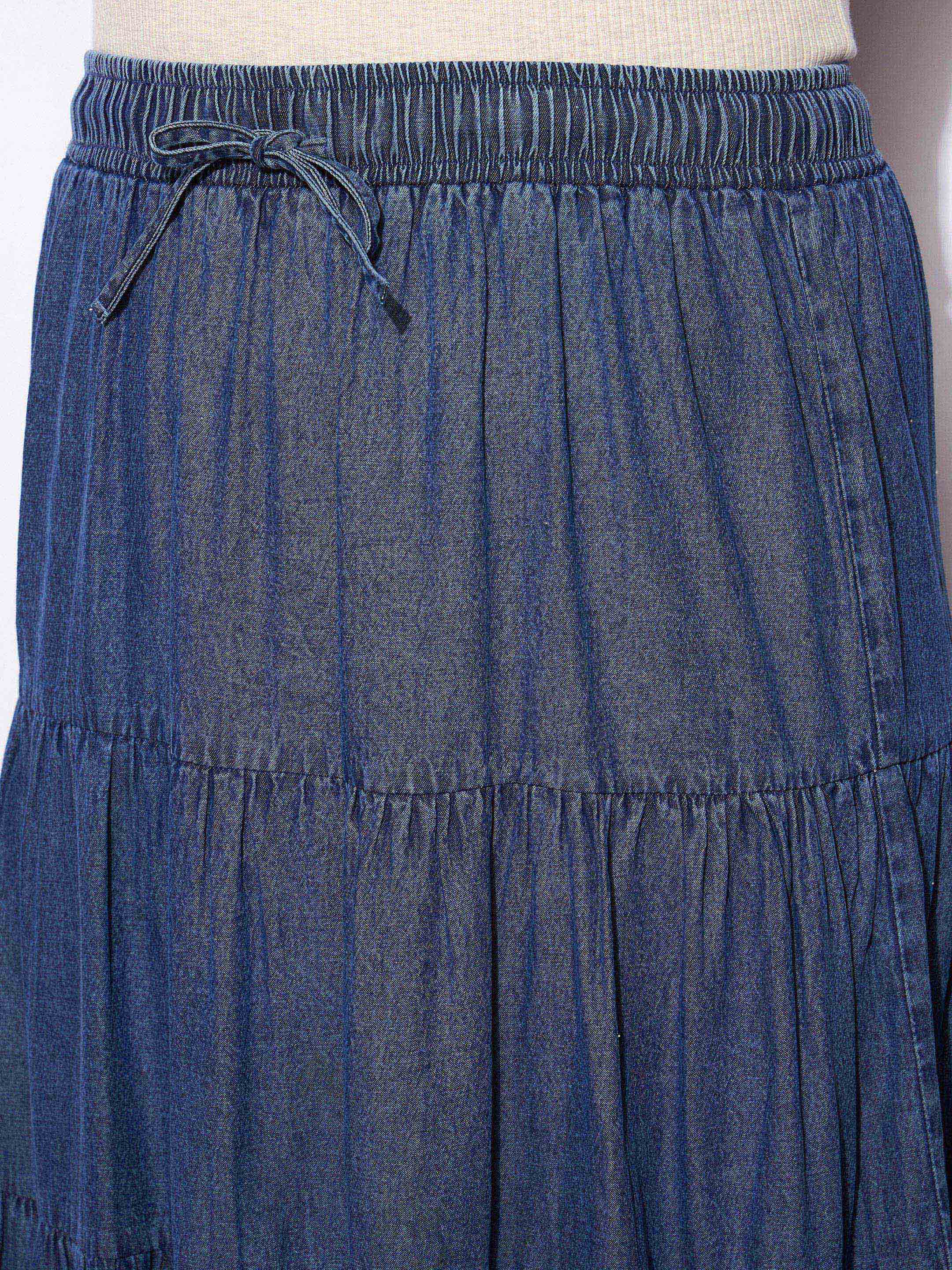 Women's Navy Tencel Front Drawstring Tired Skirt-SASSAFRAS