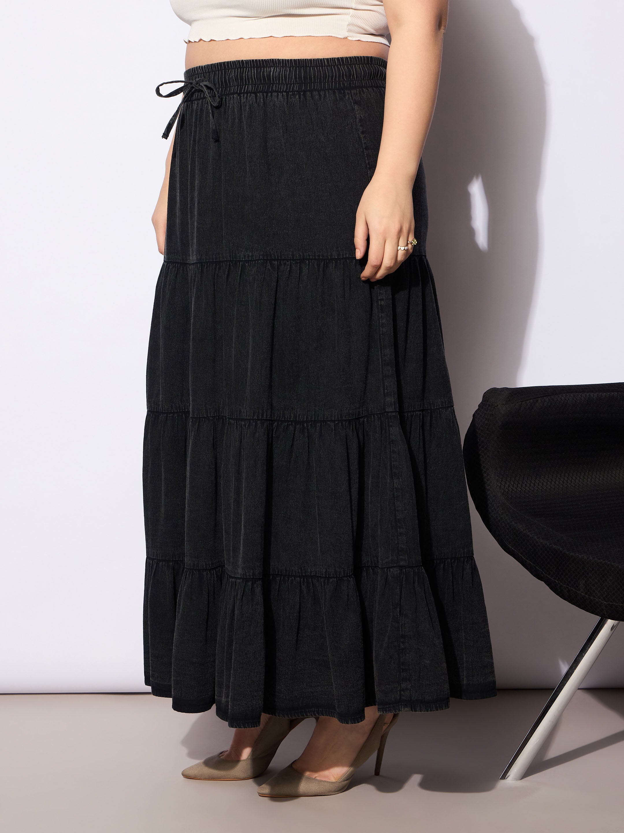 Women's Black Tencel Front Drawstring Tired Skirt-SASSAFRAS