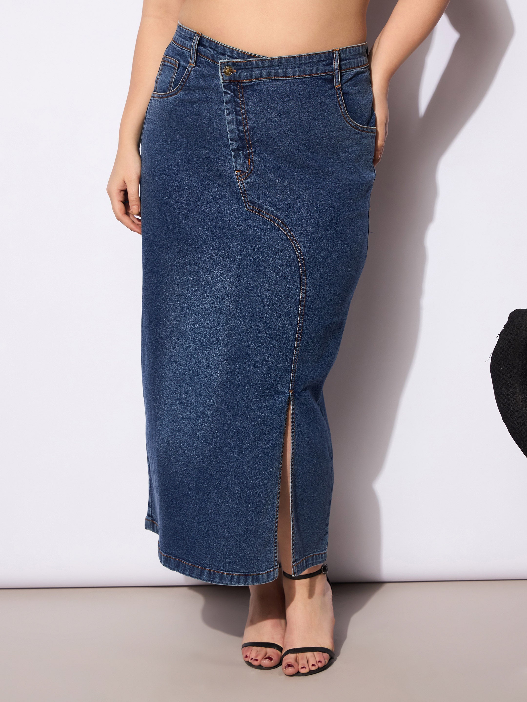 Women's Navy Wash Denim Side Slit Skirt-SASSAFRAS