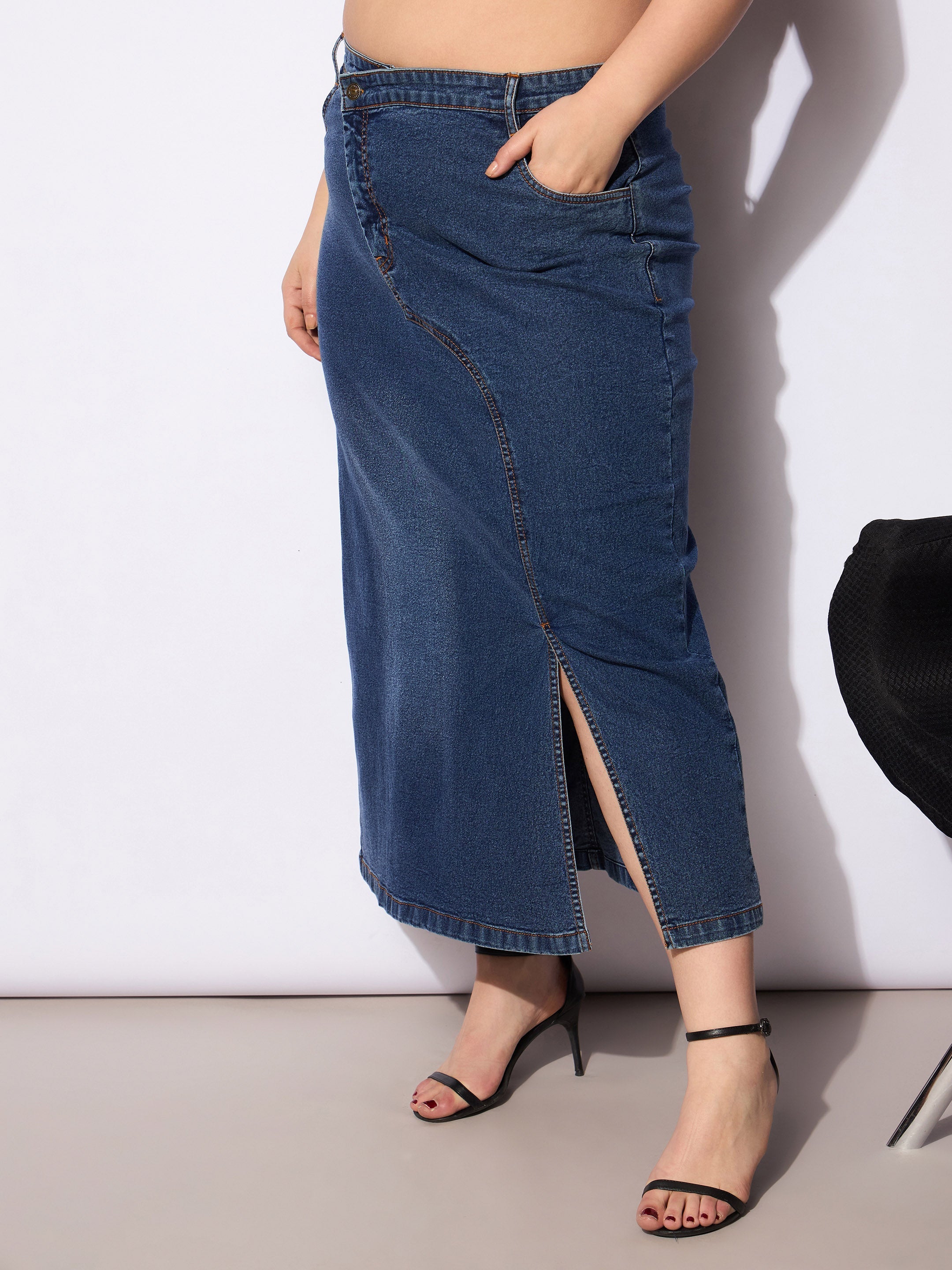 Women's Navy Wash Denim Side Slit Skirt-SASSAFRAS