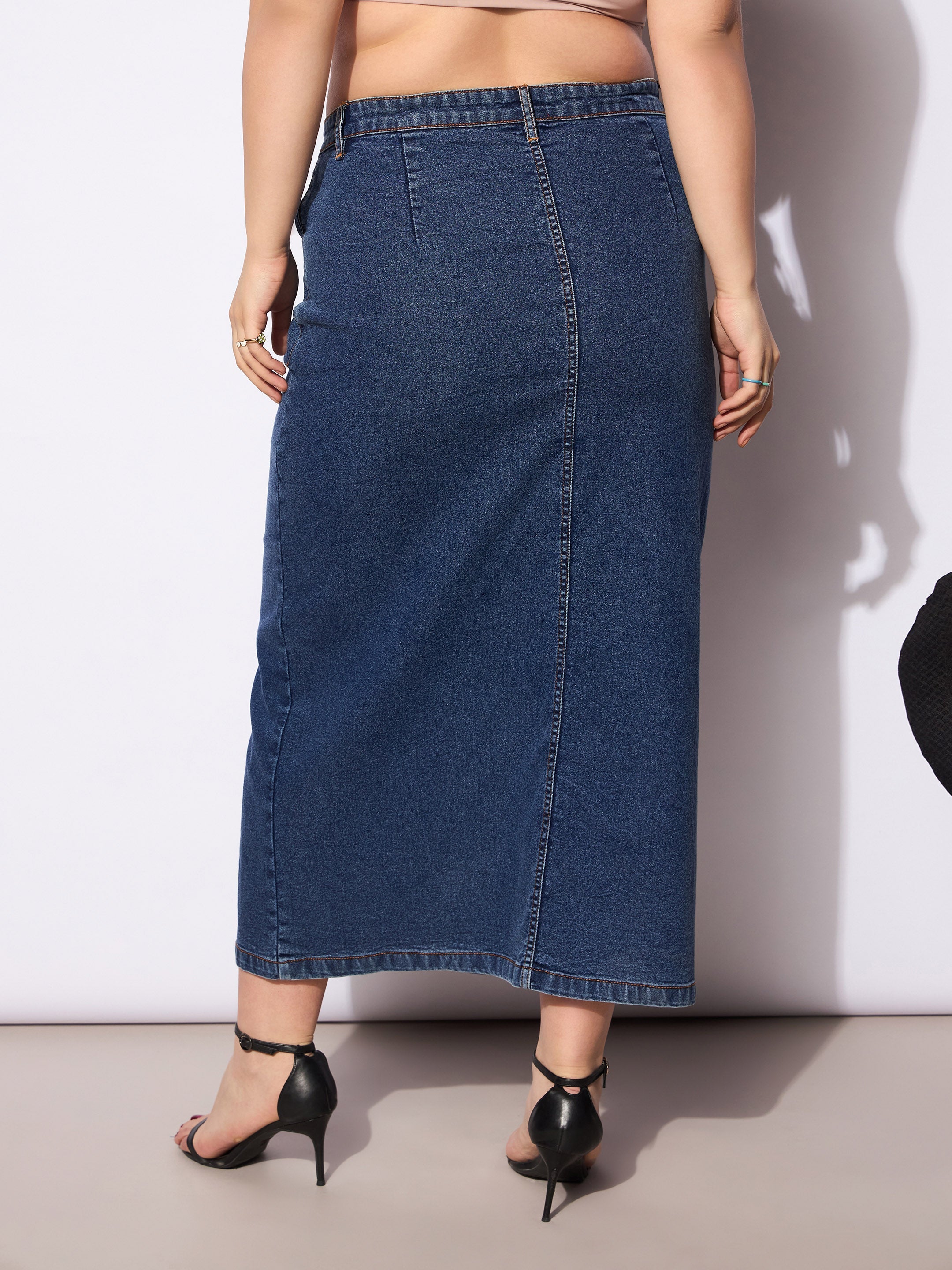 Women's Navy Wash Denim Side Slit Skirt-SASSAFRAS