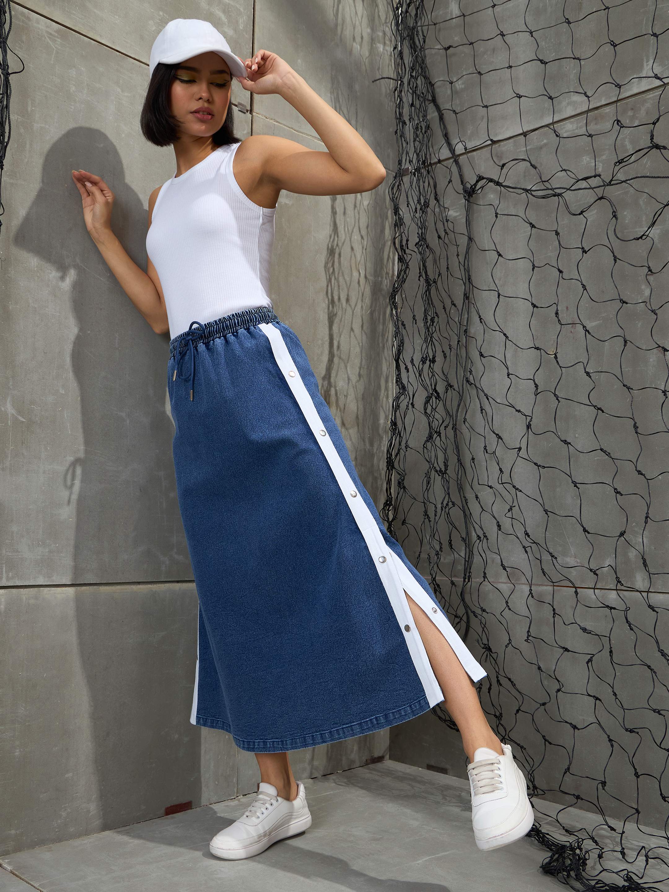 Women's Blue Blast Contrast Tape Maxi Skirt-SASSAFRAS