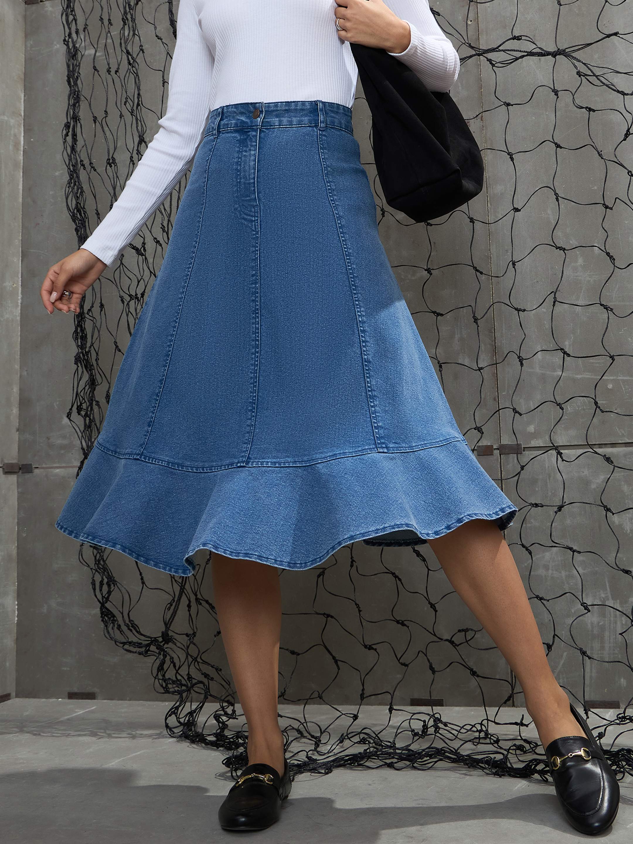 Women's Blue Washed Denim Flared Hem Skirt-SASSAFRAS