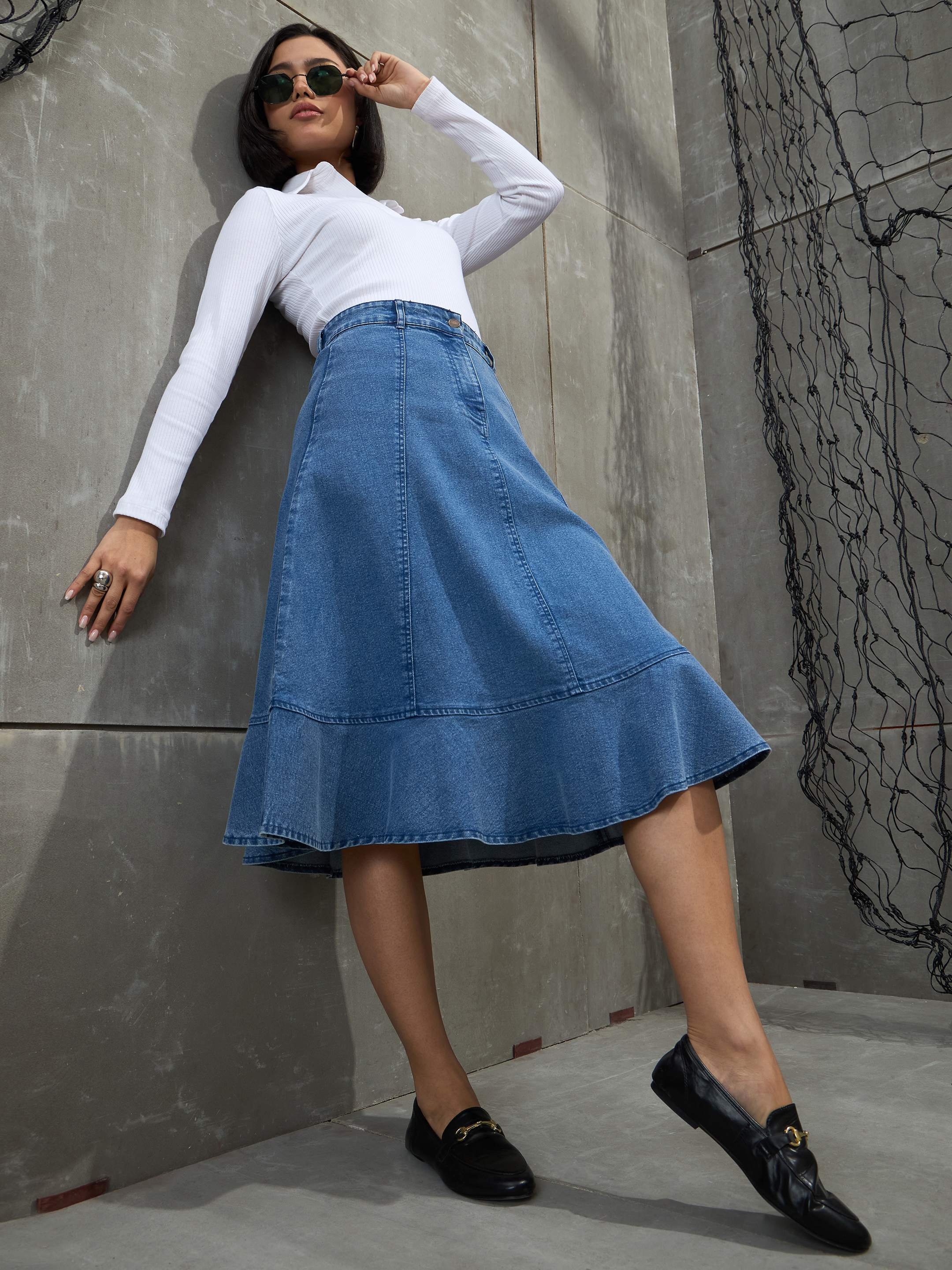 Women's Blue Washed Denim Flared Hem Skirt-SASSAFRAS