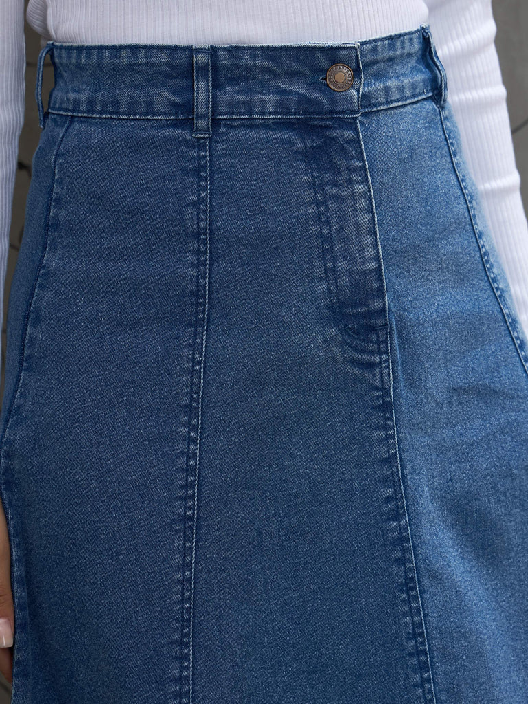Women's Blue Washed Denim Flared Hem Ski