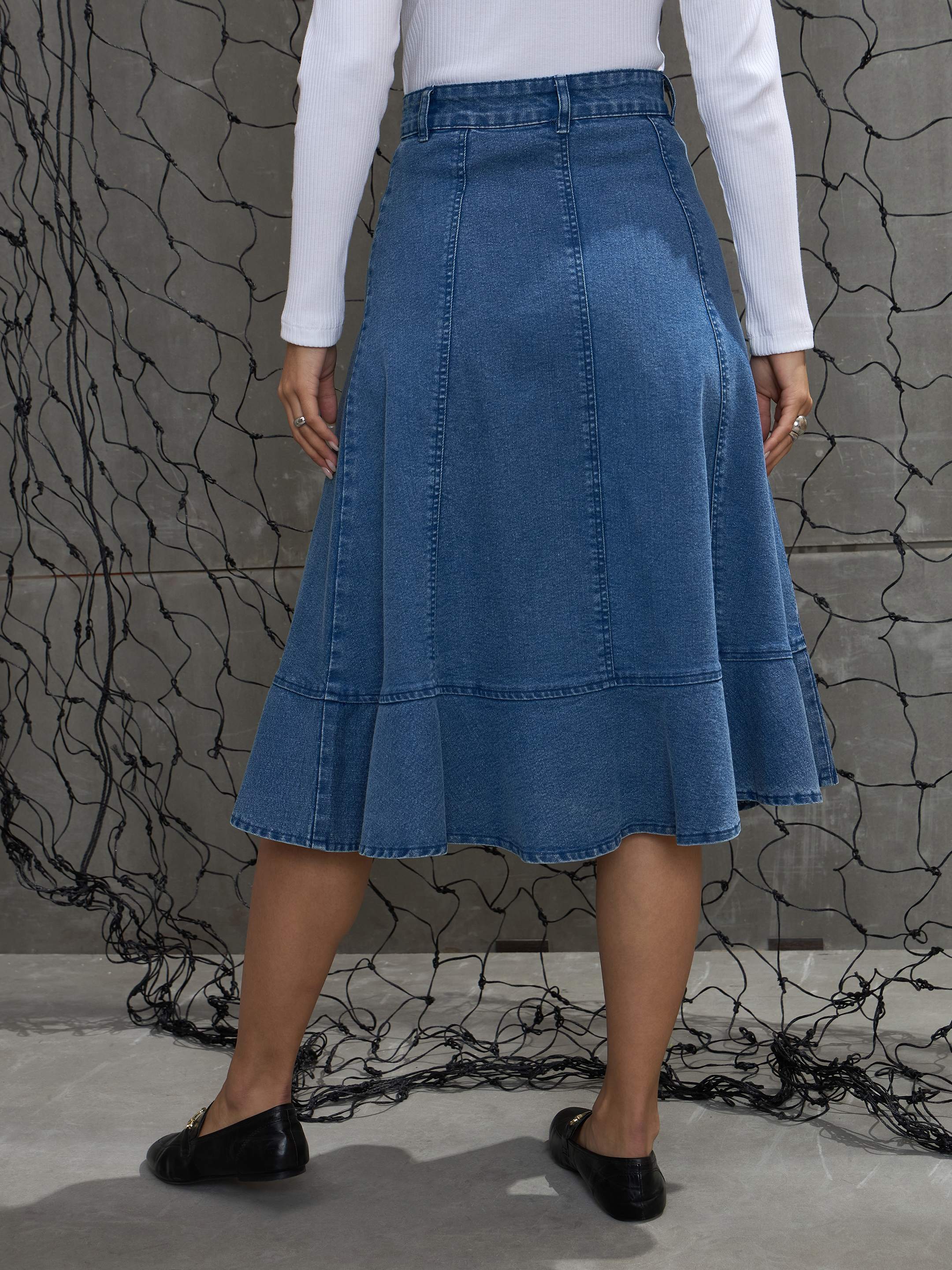 Women's Blue Washed Denim Flared Hem Skirt-SASSAFRAS