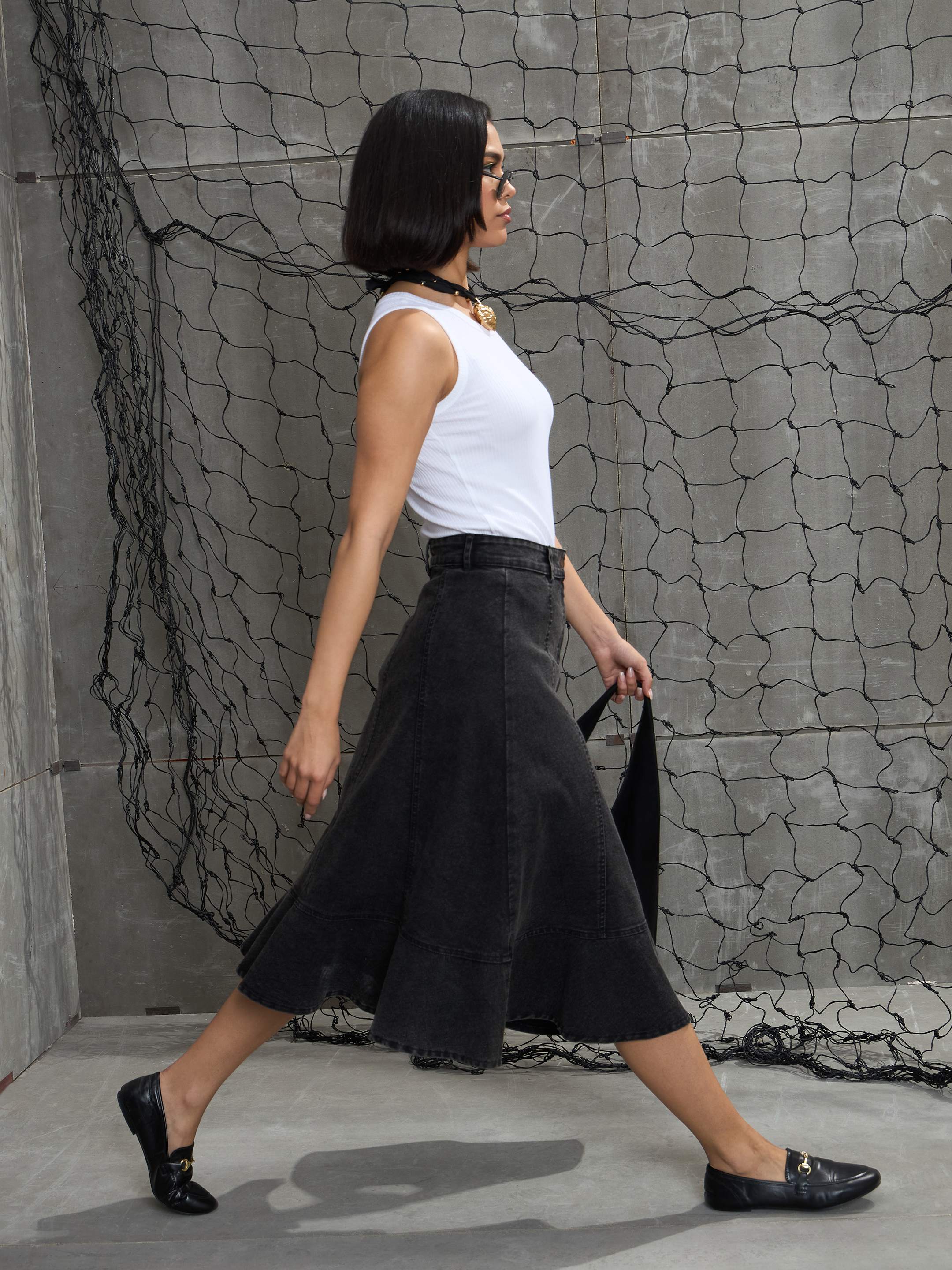 Women's Black Washed Denim Flared Hem Skirt-SASSAFRAS